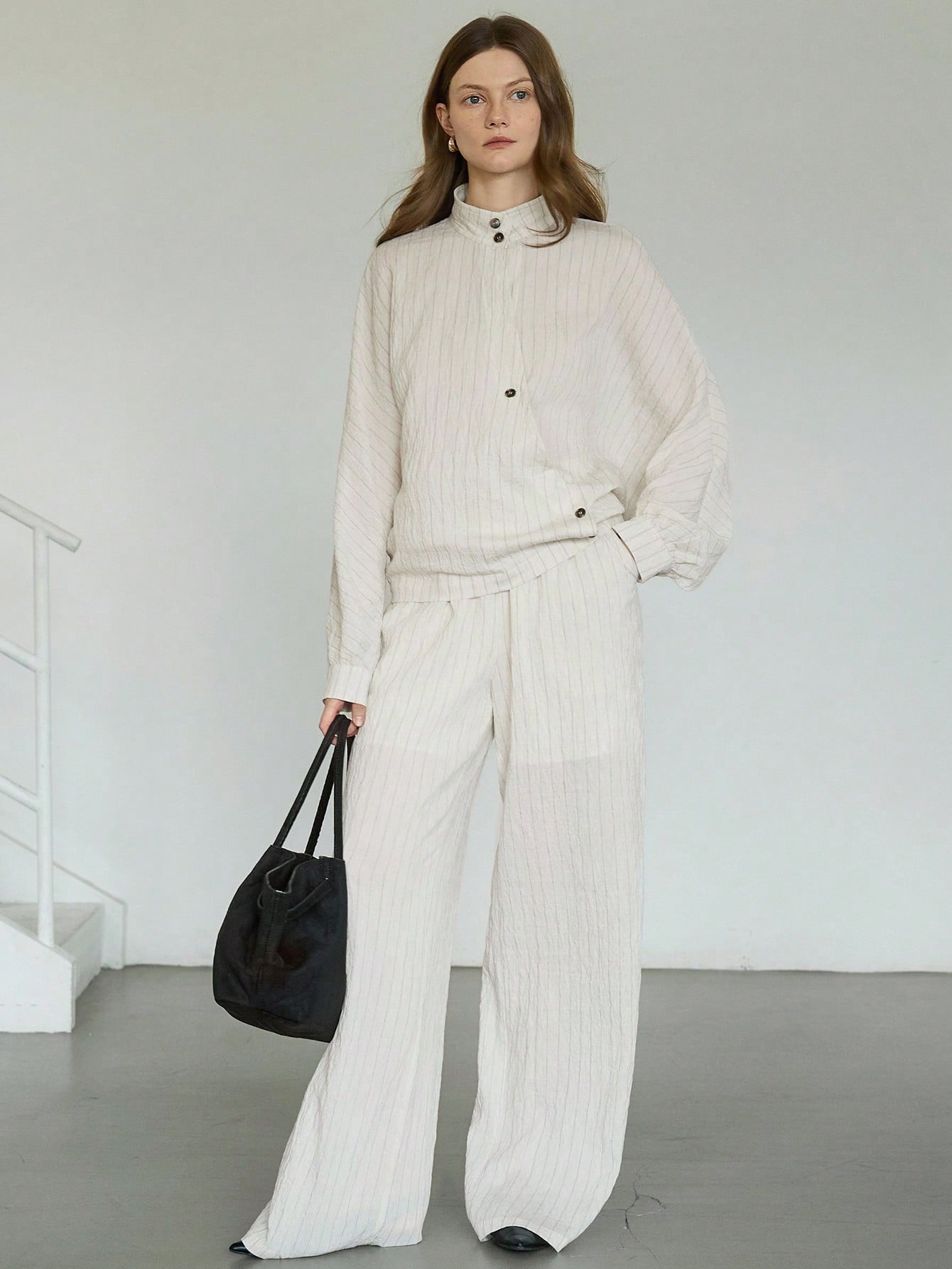 CM-SS324884 Women Casual Seoul Style Oblique Placket Waist Cross Stripe Cardigan With Straight Leg Pants - Set