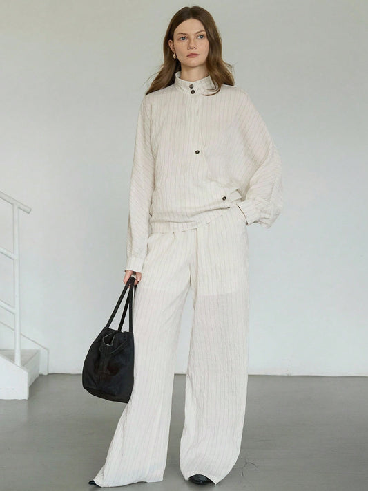 CM-SS324884 Women Casual Seoul Style Oblique Placket Waist Cross Stripe Cardigan With Straight Leg Pants - Set