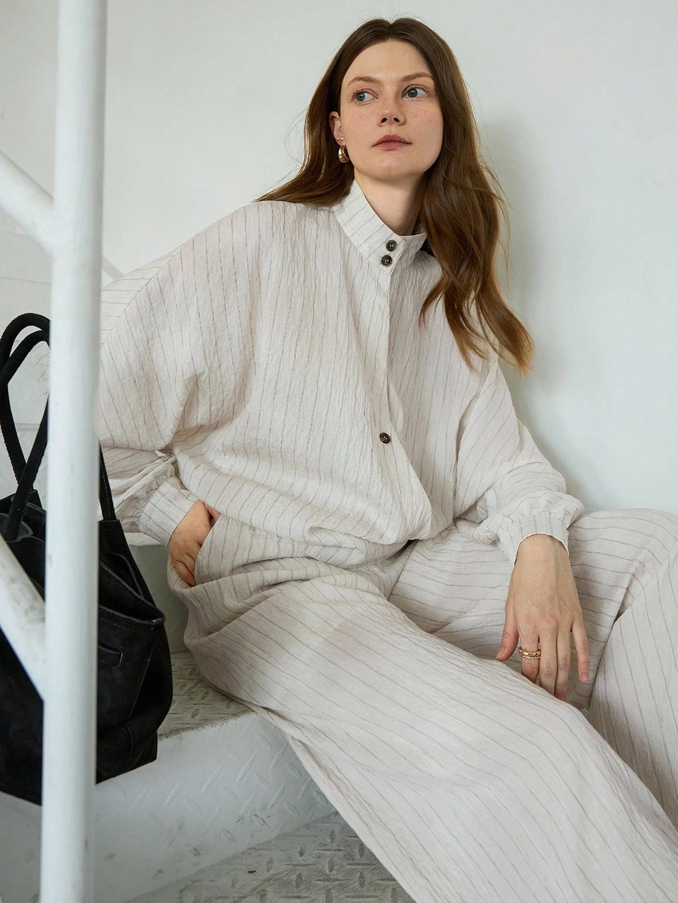 CM-SS324884 Women Casual Seoul Style Oblique Placket Waist Cross Stripe Cardigan With Straight Leg Pants - Set