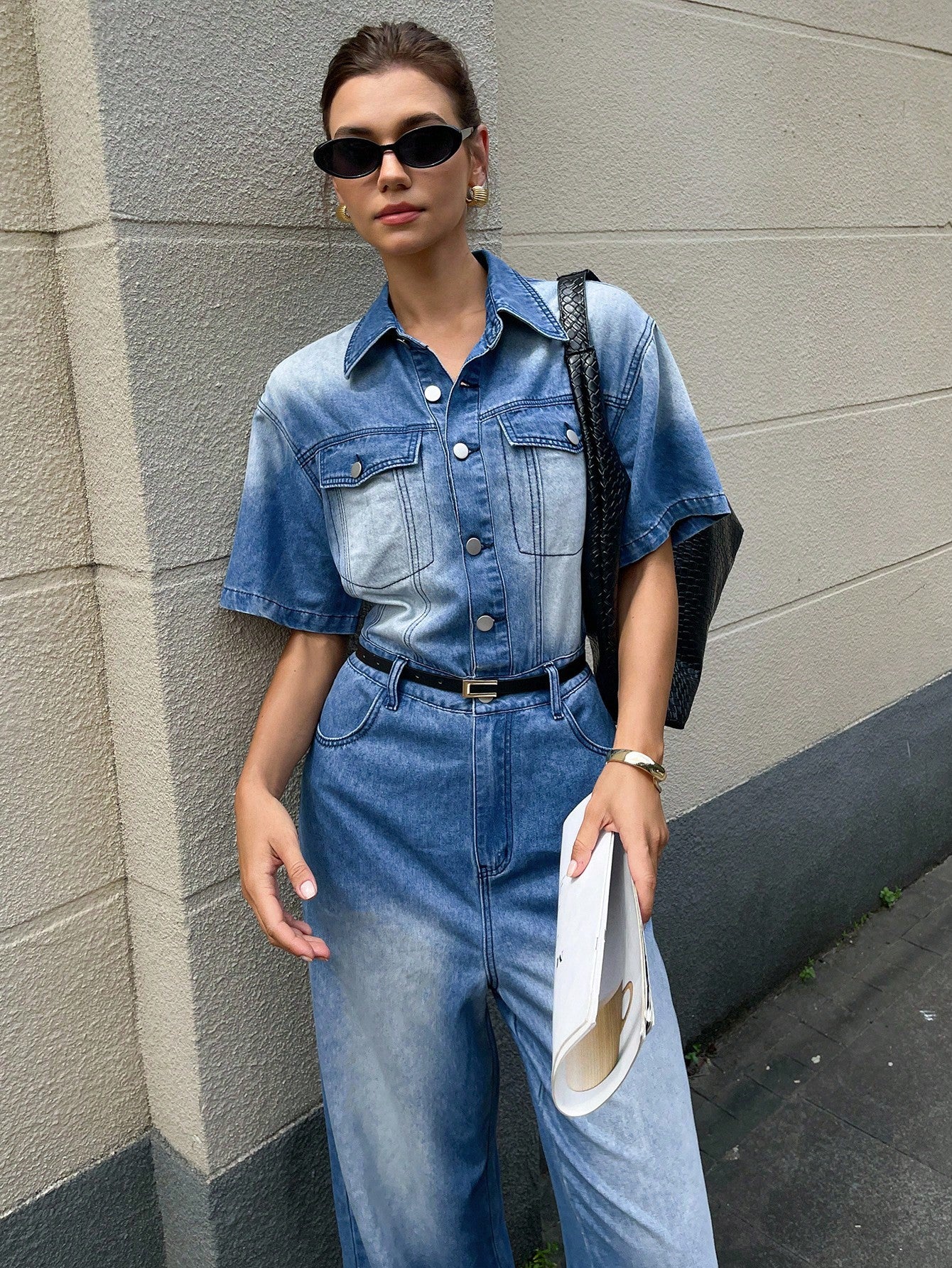 CM-JS047722 Women Casual Seoul Style Collar Neckline Short Sleeve Single-Breasted Extra Long Denim Jumpsuit