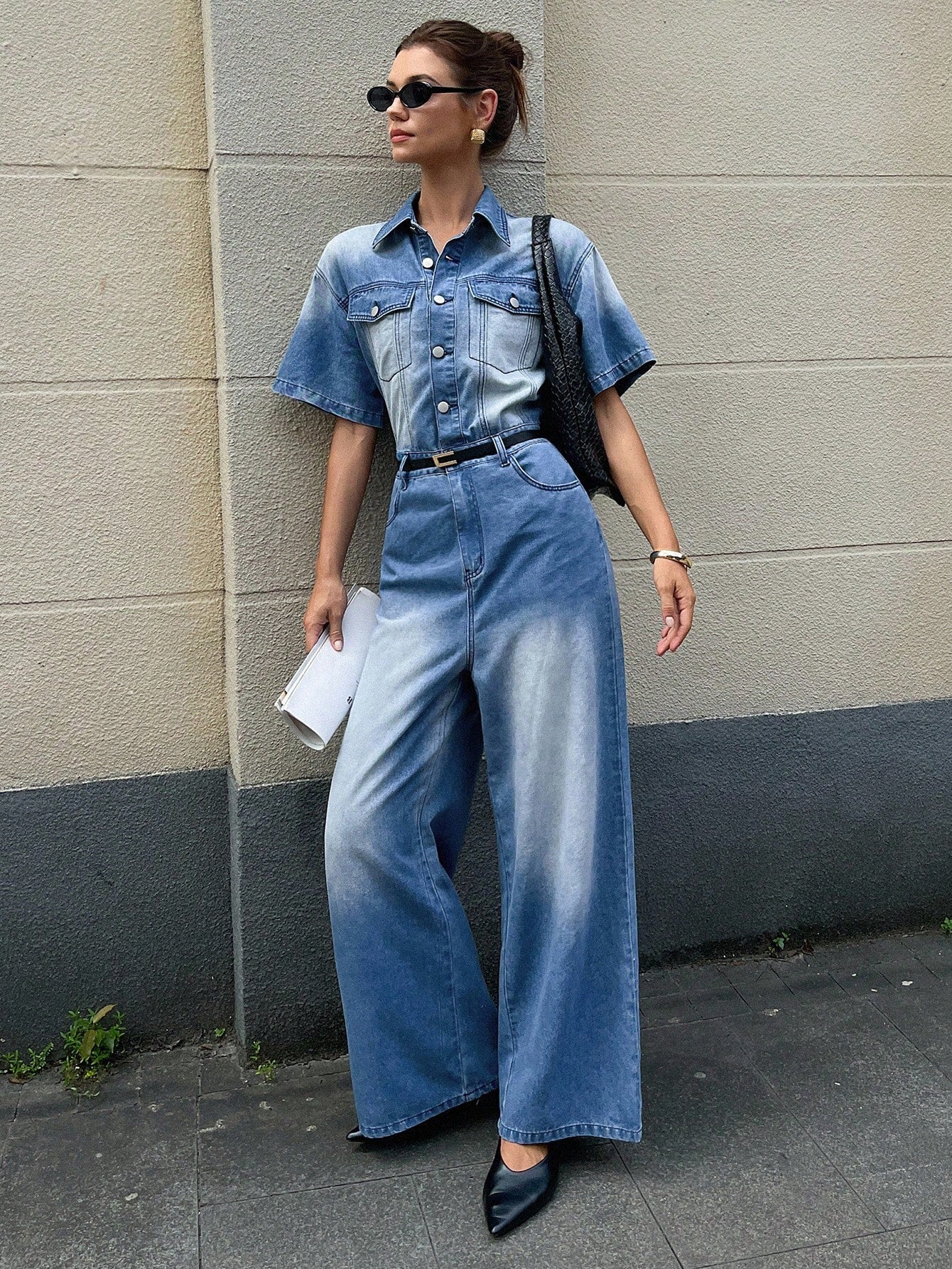 CM-JS047722 Women Casual Seoul Style Collar Neckline Short Sleeve Single-Breasted Extra Long Denim Jumpsuit