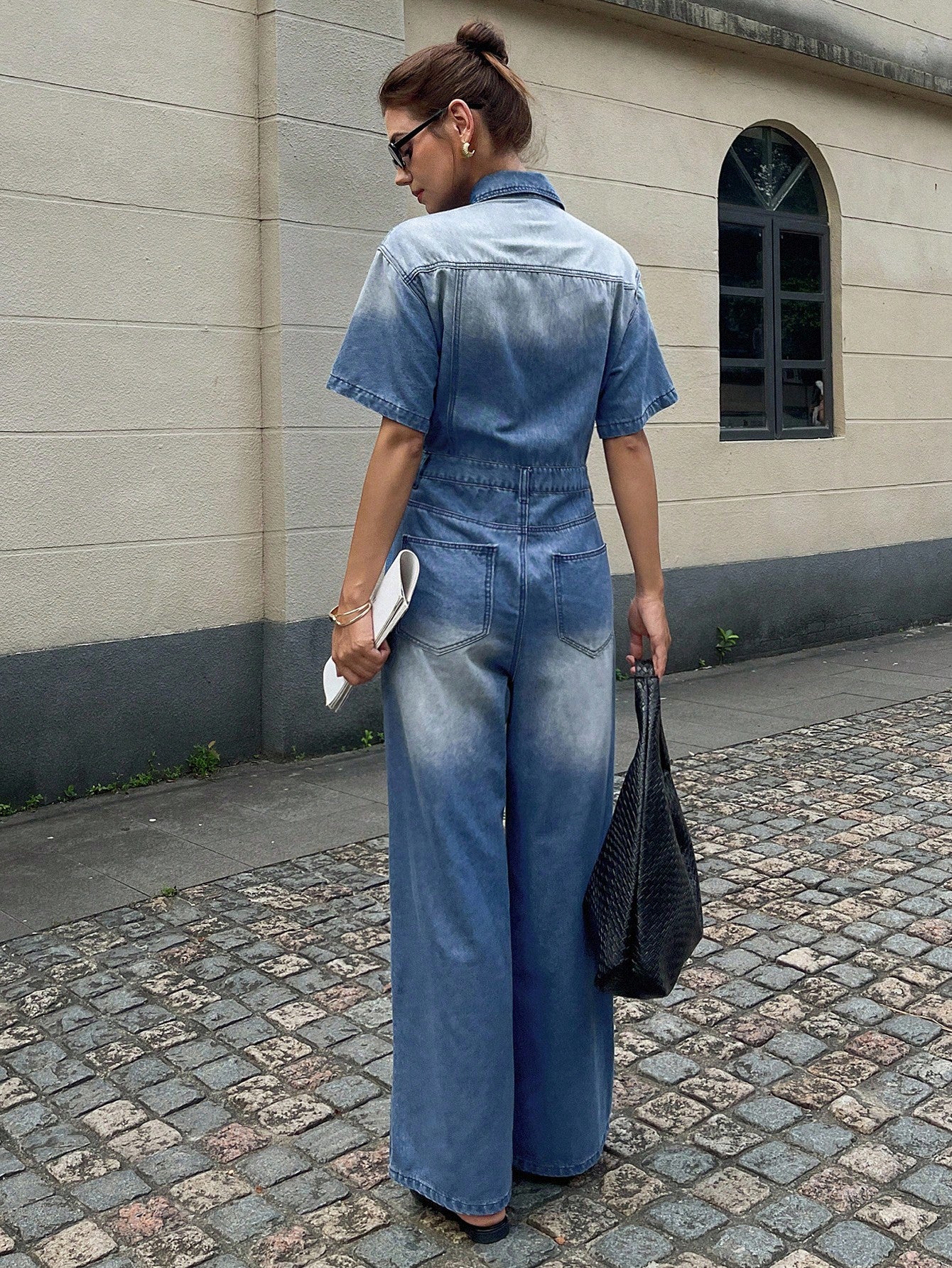CM-JS047722 Women Casual Seoul Style Collar Neckline Short Sleeve Single-Breasted Extra Long Denim Jumpsuit