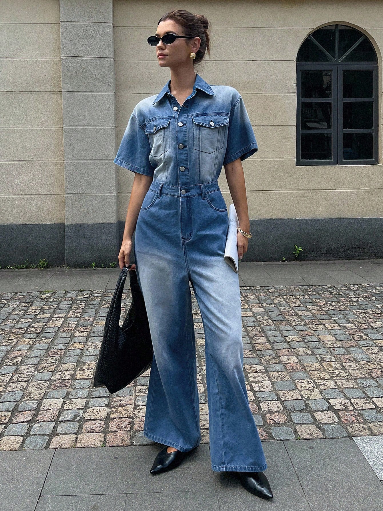 CM-JS047722 Women Casual Seoul Style Collar Neckline Short Sleeve Single-Breasted Extra Long Denim Jumpsuit