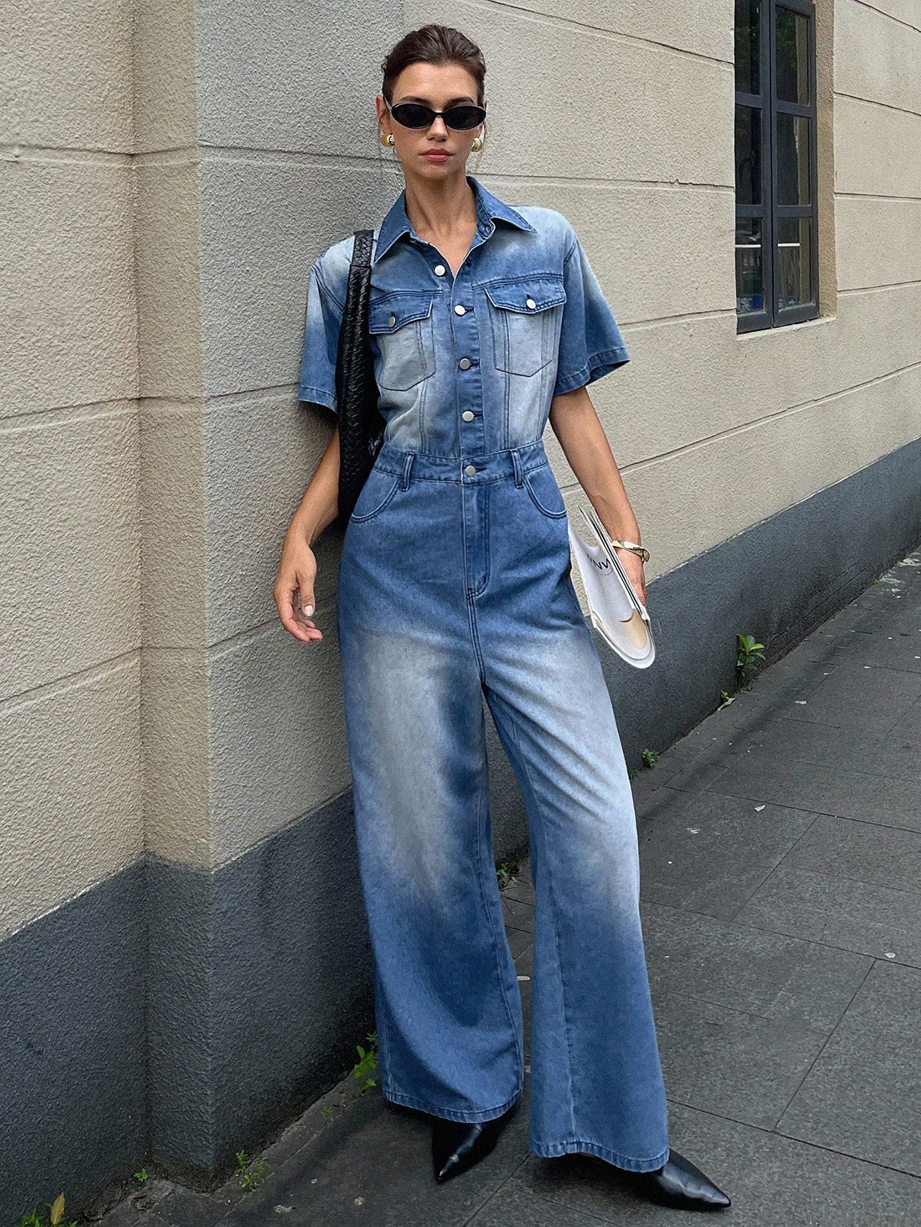 CM-JS047722 Women Casual Seoul Style Collar Neckline Short Sleeve Single-Breasted Extra Long Denim Jumpsuit