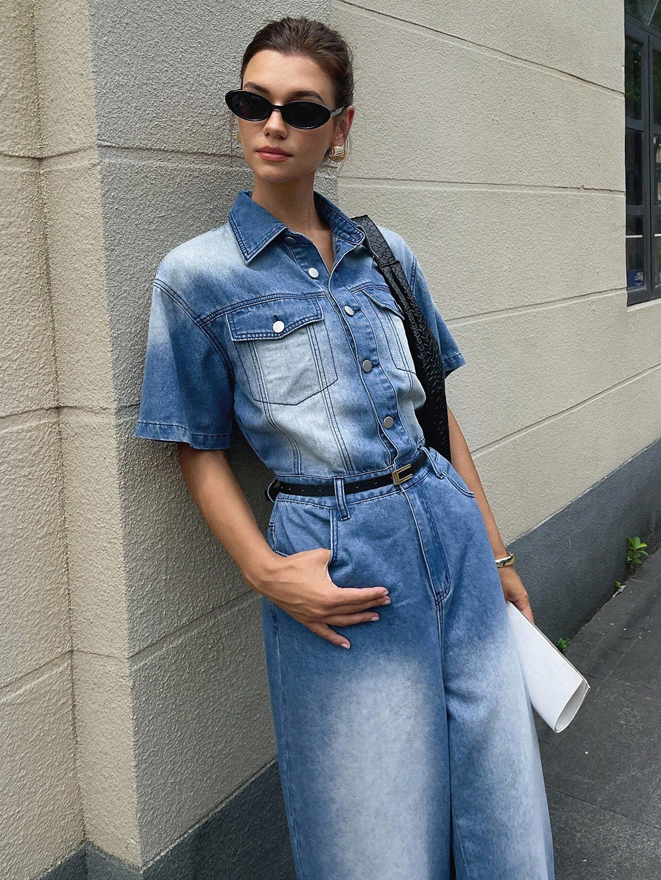 CM-JS047722 Women Casual Seoul Style Collar Neckline Short Sleeve Single-Breasted Extra Long Denim Jumpsuit