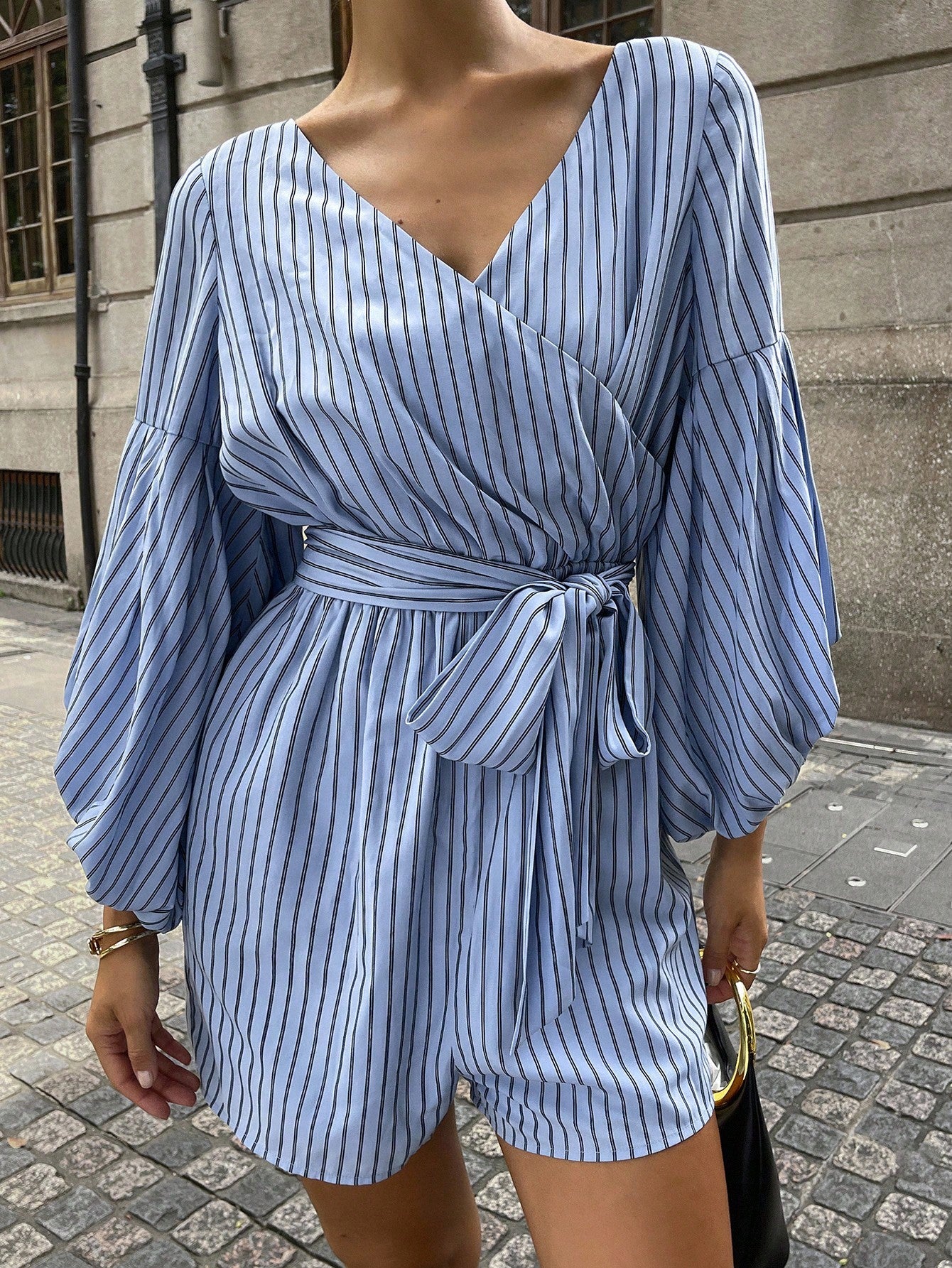 CM-JS496286 Women Casual Seoul Style Striped V-Neck Loose Lantern Sleeve TieWaist Bow Romper