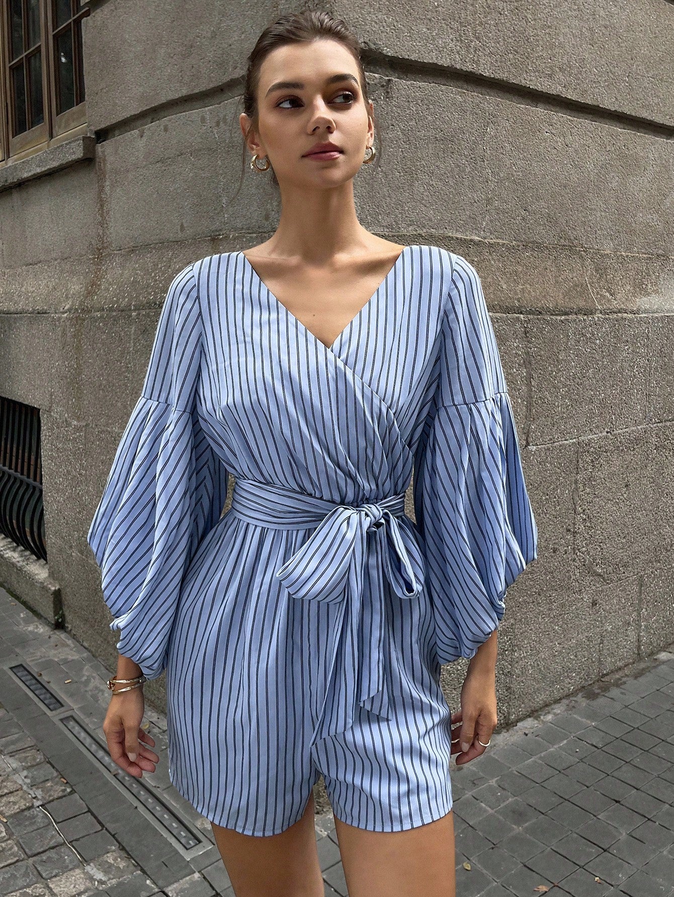 CM-JS496286 Women Casual Seoul Style Striped V-Neck Loose Lantern Sleeve TieWaist Bow Romper