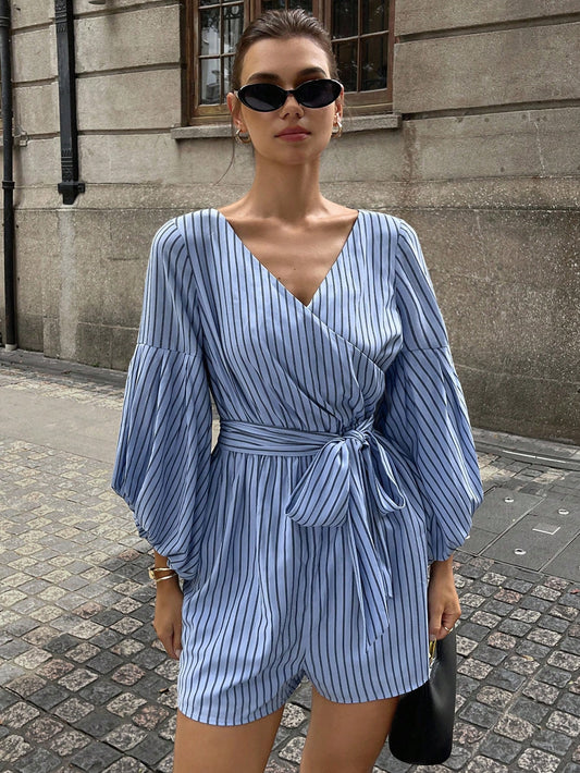 CM-JS496286 Women Casual Seoul Style Striped V-Neck Loose Lantern Sleeve TieWaist Bow Romper