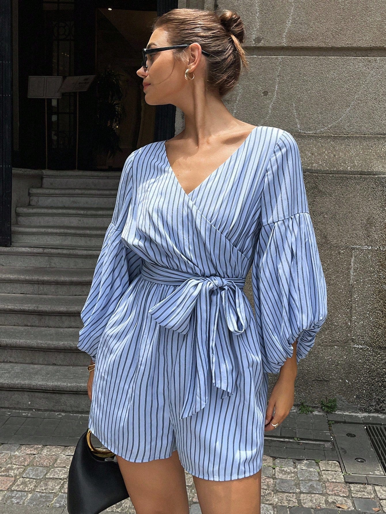 CM-JS496286 Women Casual Seoul Style Striped V-Neck Loose Lantern Sleeve TieWaist Bow Romper