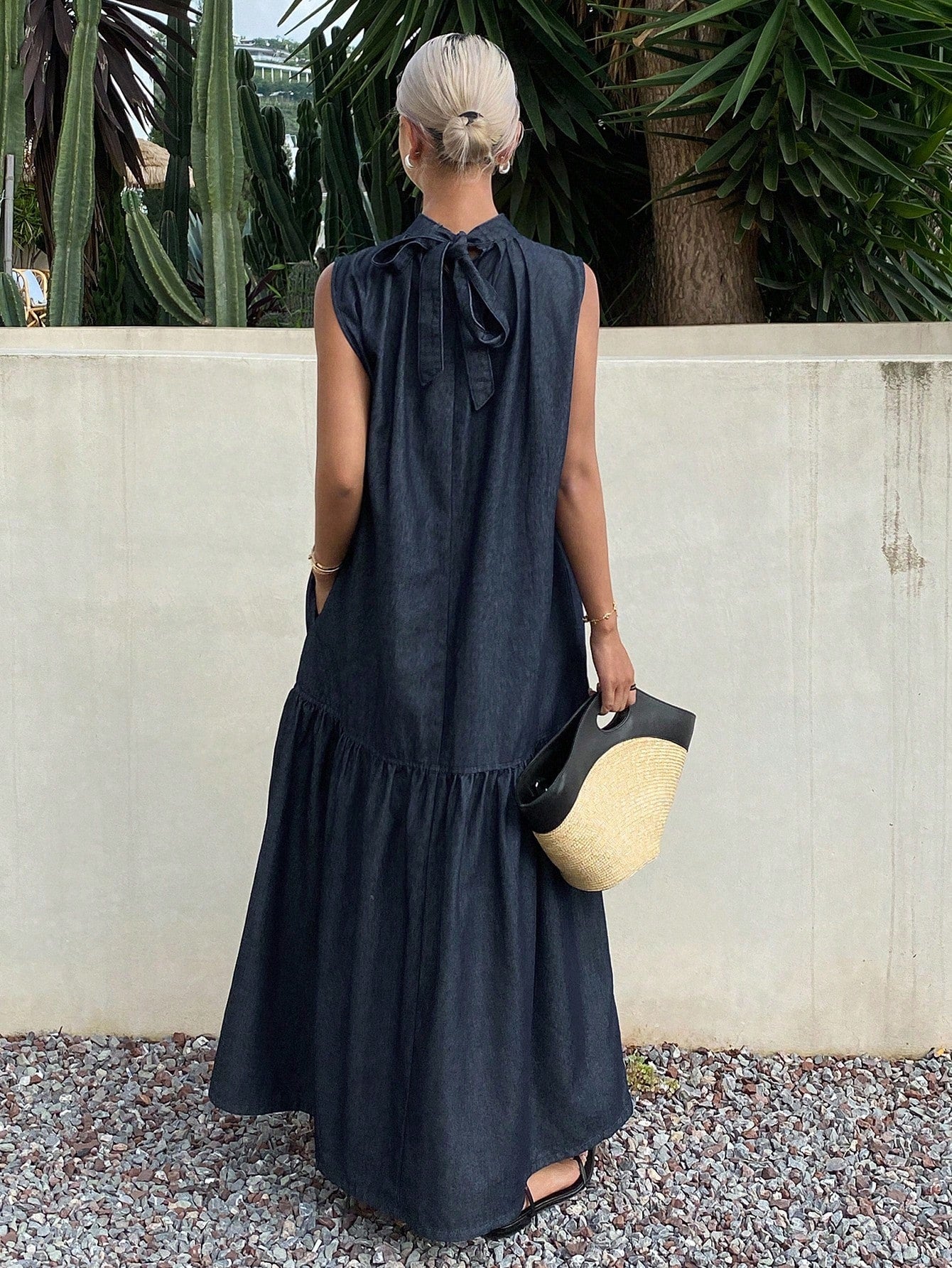CM-DS225883 Women Casual Seoul Style Halter Neck Sleeveless Denim Skater Dress - Blue