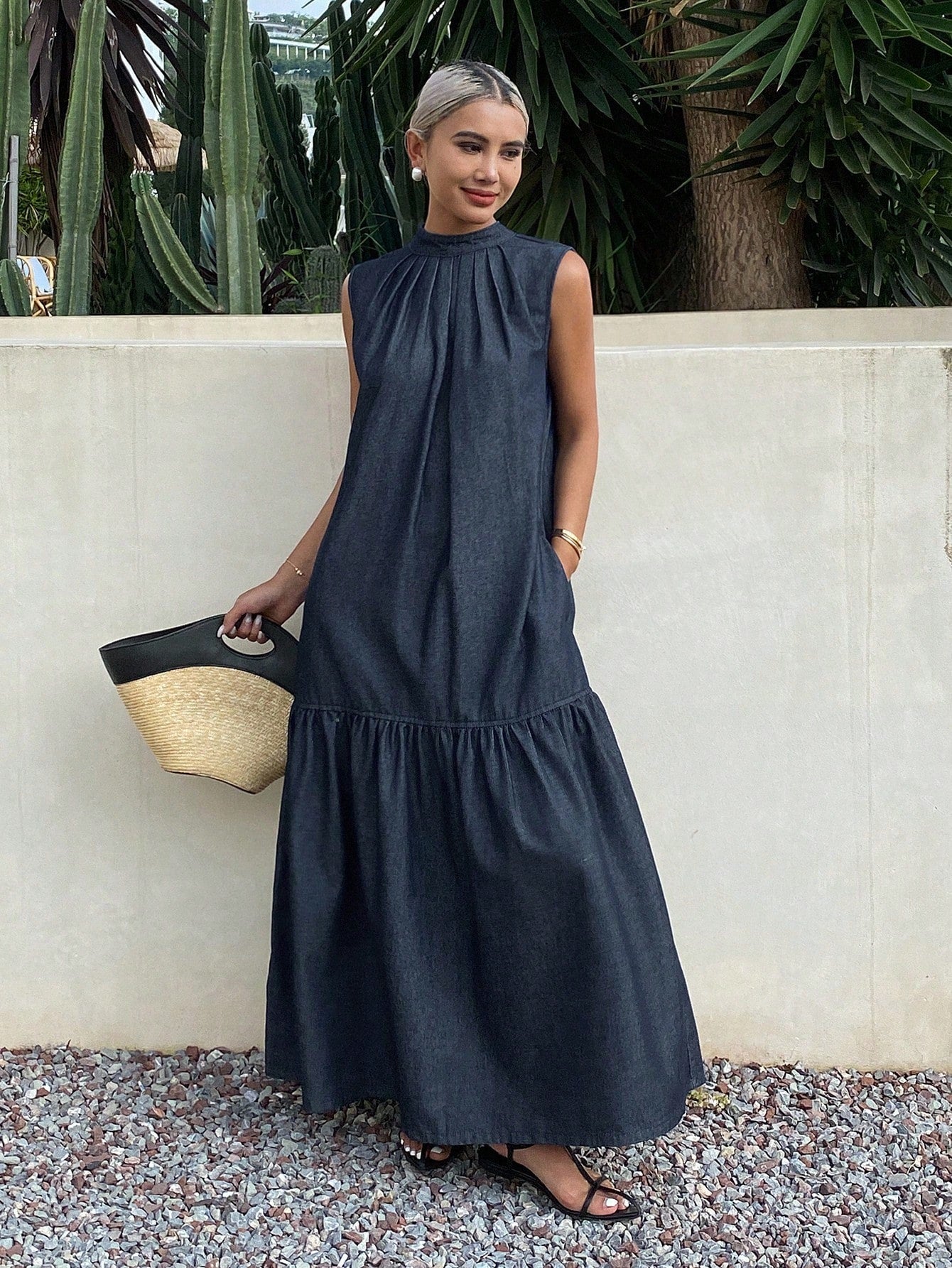 CM-DS225883 Women Casual Seoul Style Halter Neck Sleeveless Denim Skater Dress - Blue