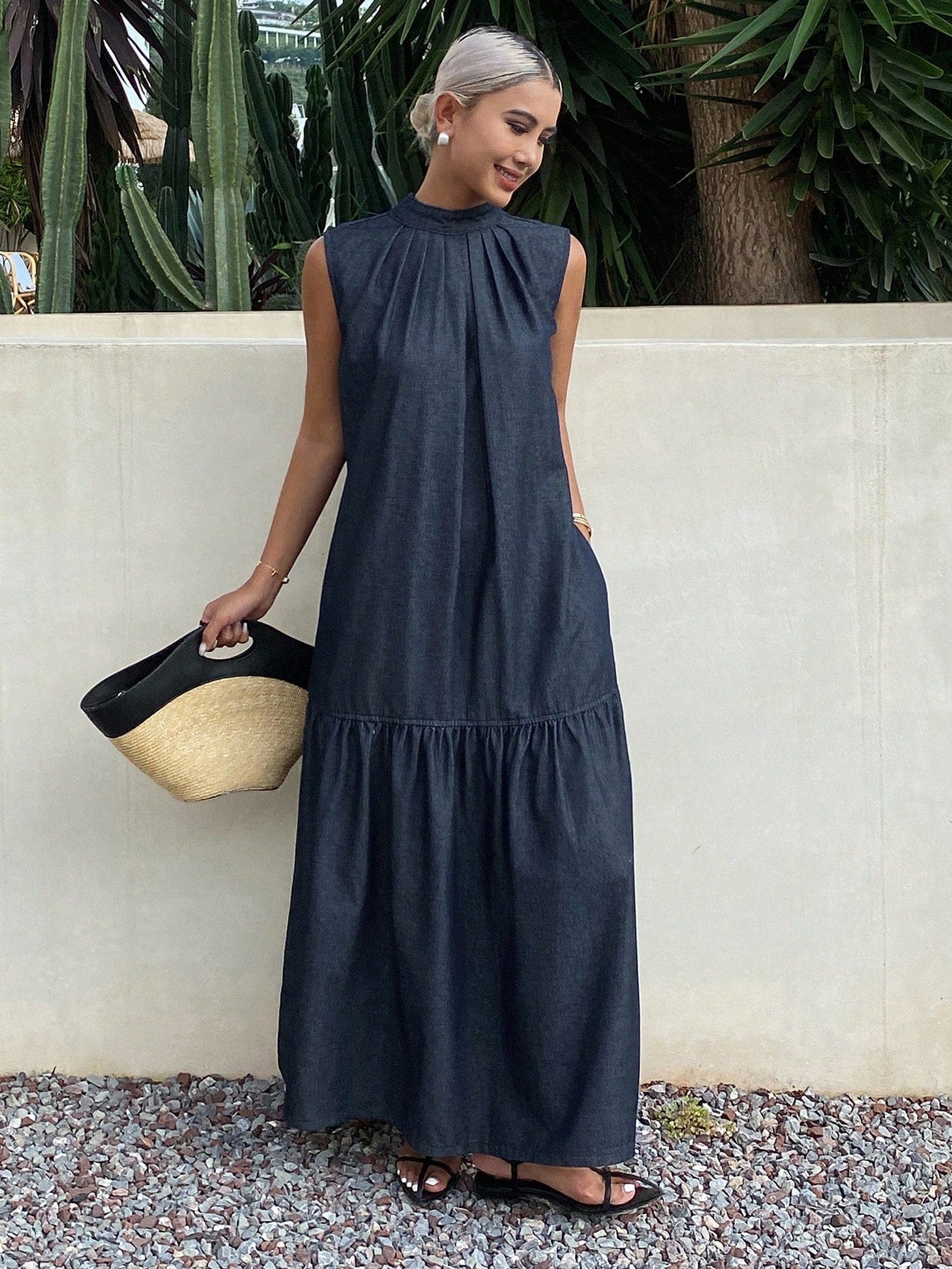 CM-DS225883 Women Casual Seoul Style Halter Neck Sleeveless Denim Skater Dress - Blue