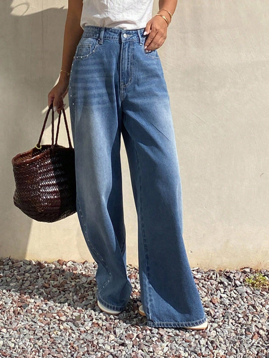 CM-BS276488 Women Casual Seoul Style Mid Waist Loose Fit Riveted Tapered Denim Jeans - Blue