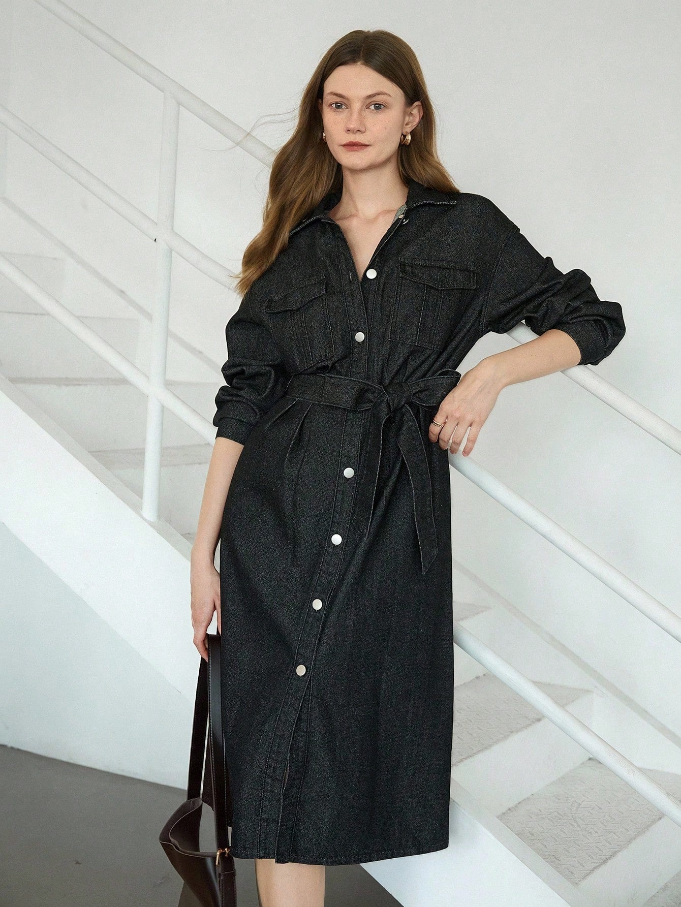 CM-DS505252 Women Casual Seoul Style Collar Neckline Long Sleeve Drawstring Cinched Waist Belted Shirt Dress - Black