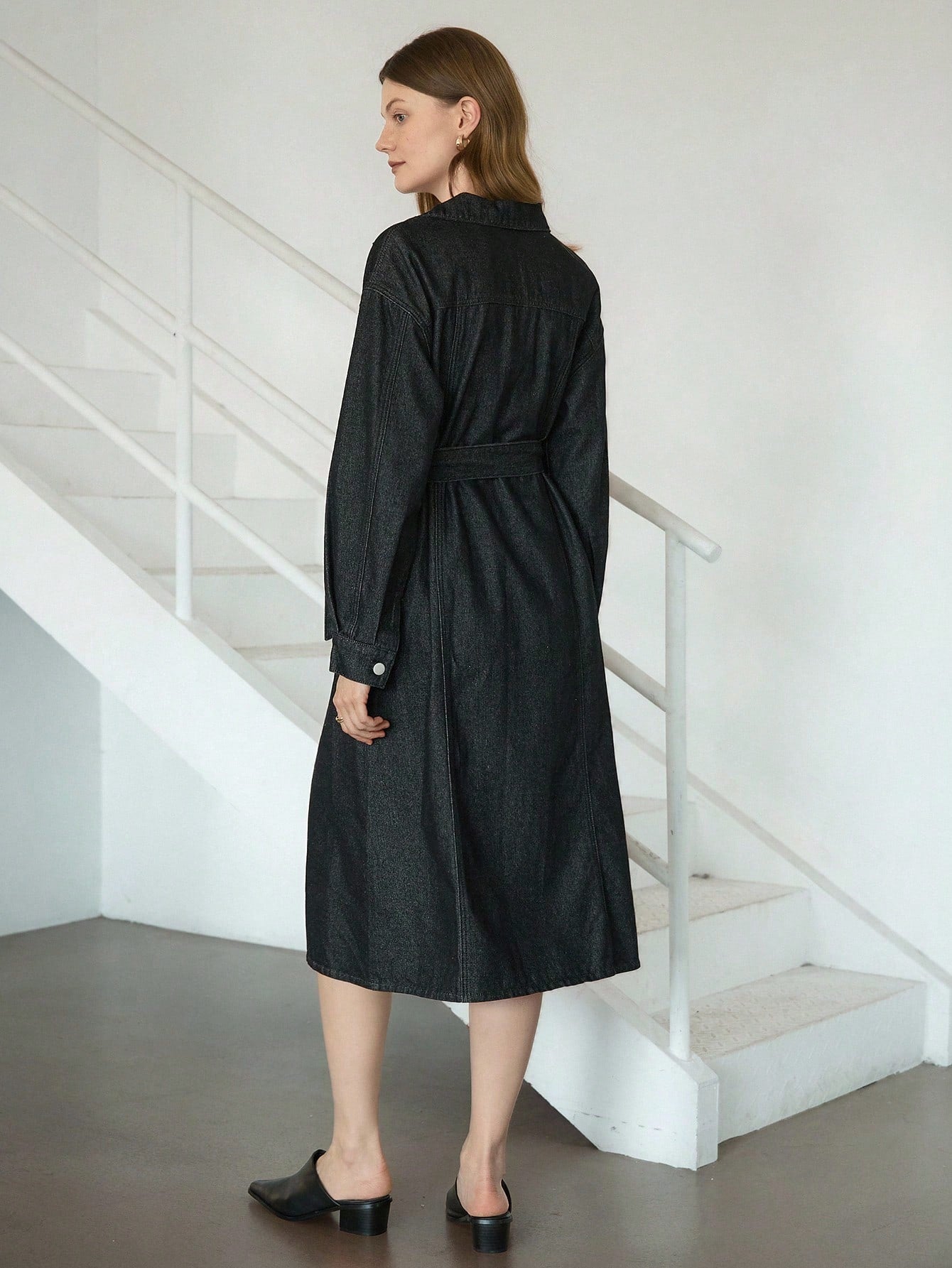 CM-DS505252 Women Casual Seoul Style Collar Neckline Long Sleeve Drawstring Cinched Waist Belted Shirt Dress - Black