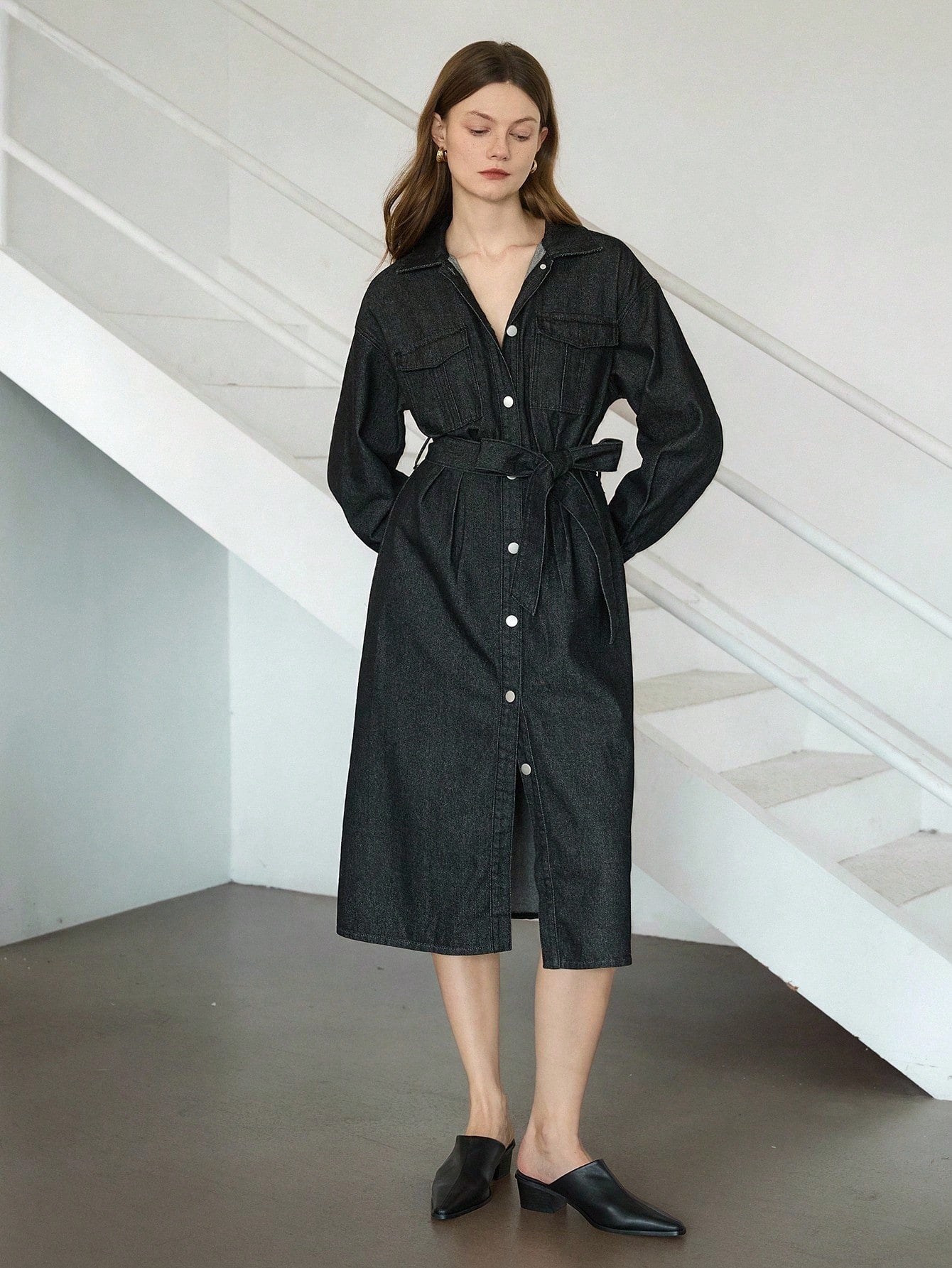 CM-DS505252 Women Casual Seoul Style Collar Neckline Long Sleeve Drawstring Cinched Waist Belted Shirt Dress - Black