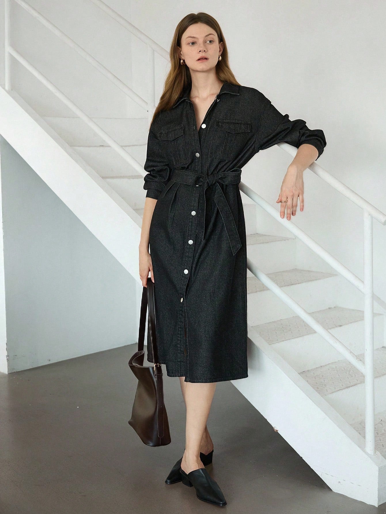 CM-DS505252 Women Casual Seoul Style Collar Neckline Long Sleeve Drawstring Cinched Waist Belted Shirt Dress - Black