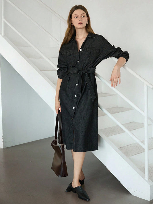 CM-DS505252 Women Casual Seoul Style Collar Neckline Long Sleeve Drawstring Cinched Waist Belted Shirt Dress - Black
