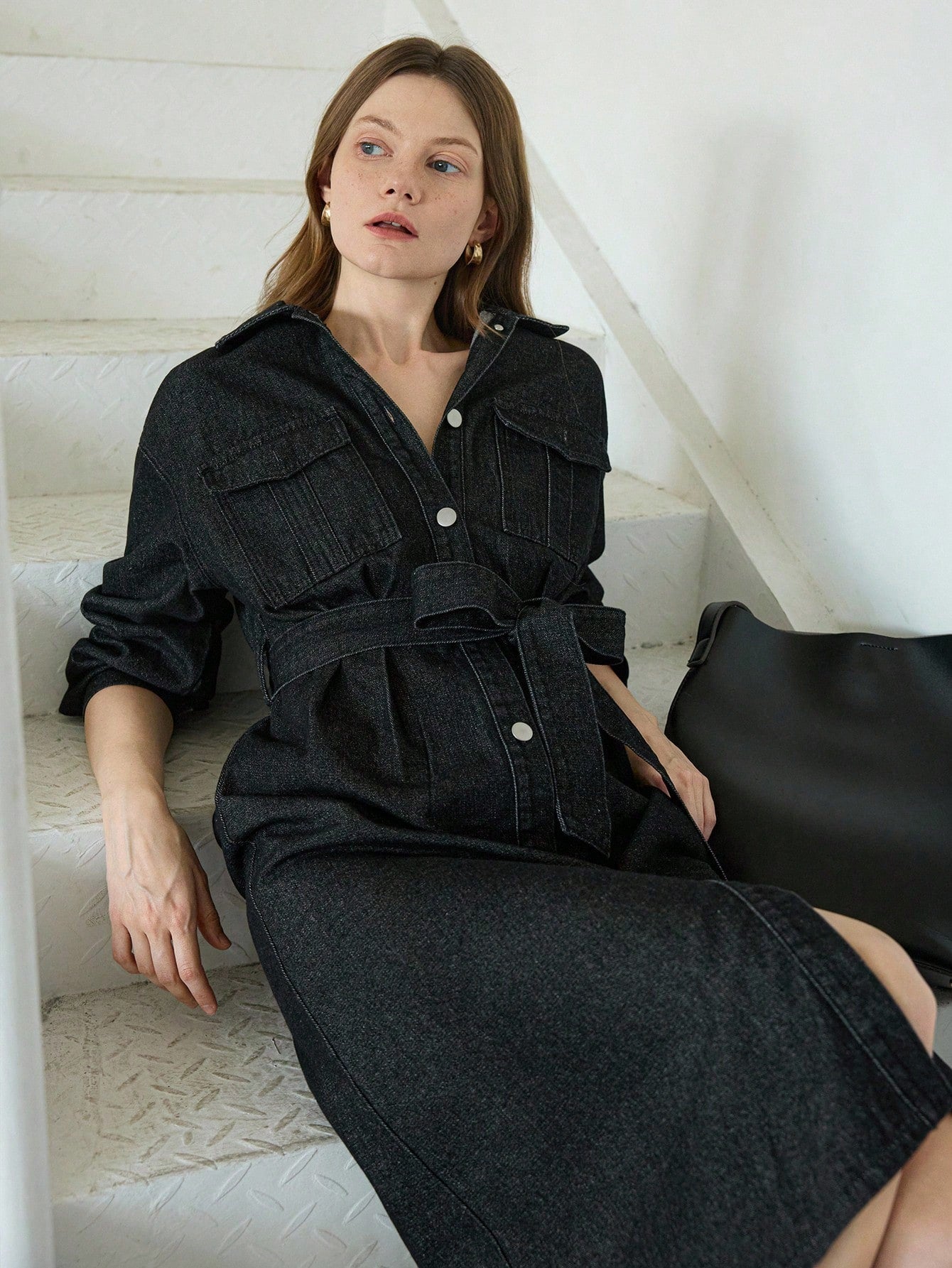 CM-DS505252 Women Casual Seoul Style Collar Neckline Long Sleeve Drawstring Cinched Waist Belted Shirt Dress - Black