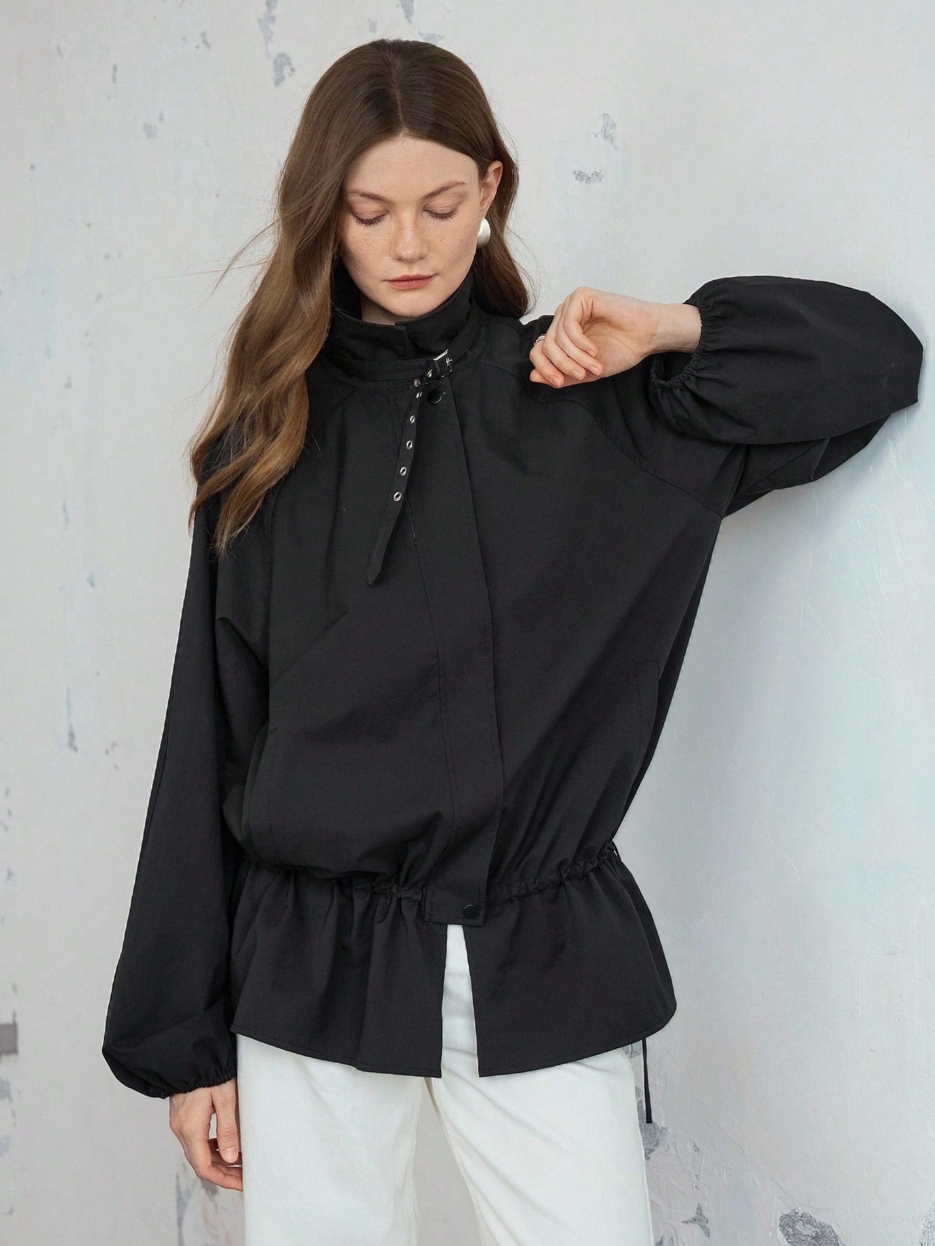 CM-CS774214 Women Casual Seoul Style Mock Neck Tie Fastening Button Decor Loose Fit Drawstring Jacket