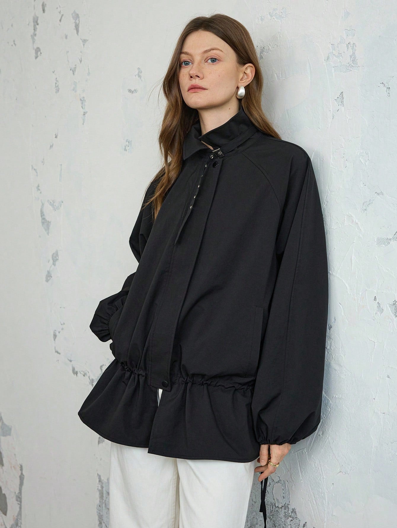 CM-CS774214 Women Casual Seoul Style Mock Neck Tie Fastening Button Decor Loose Fit Drawstring Jacket