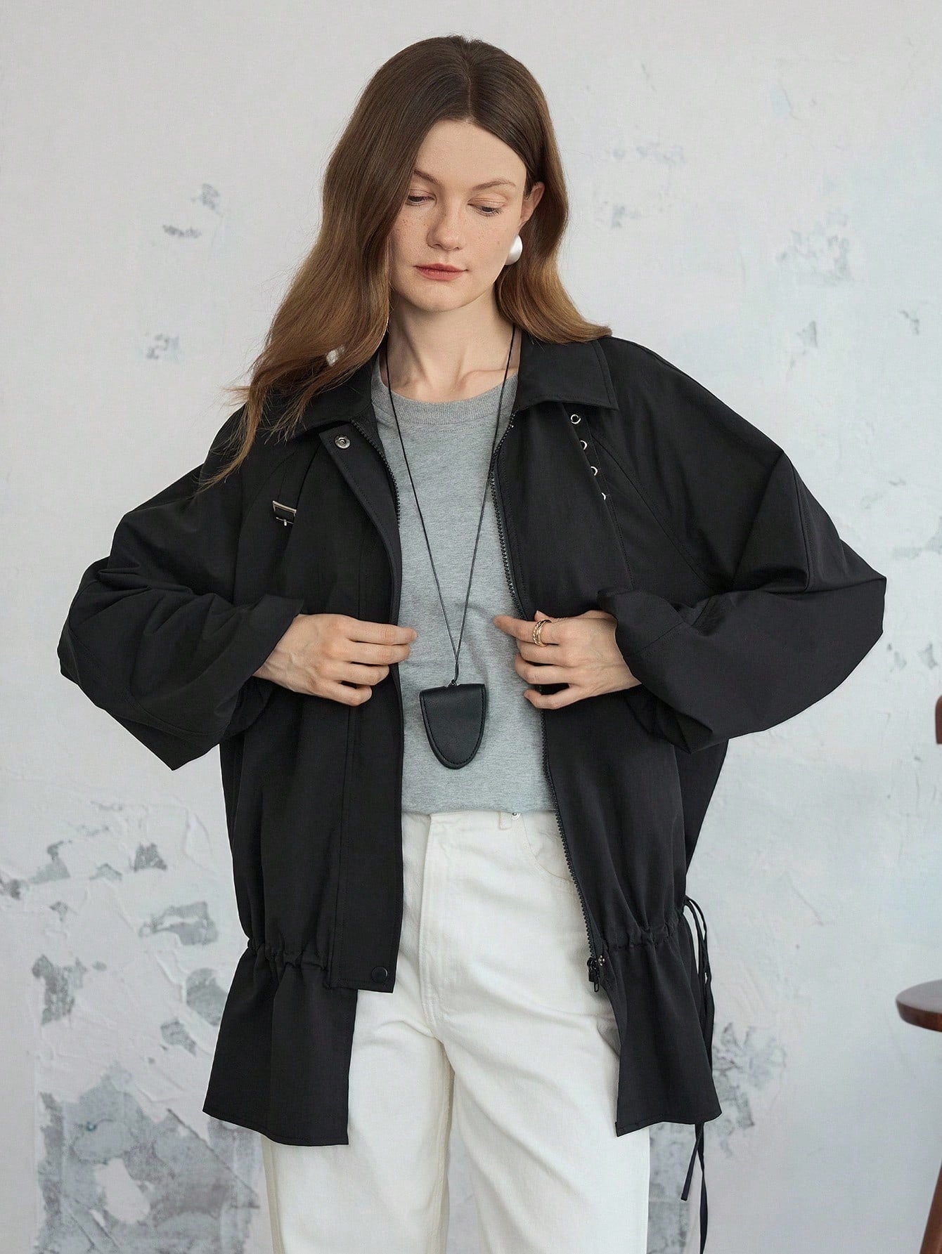 CM-CS774214 Women Casual Seoul Style Mock Neck Tie Fastening Button Decor Loose Fit Drawstring Jacket