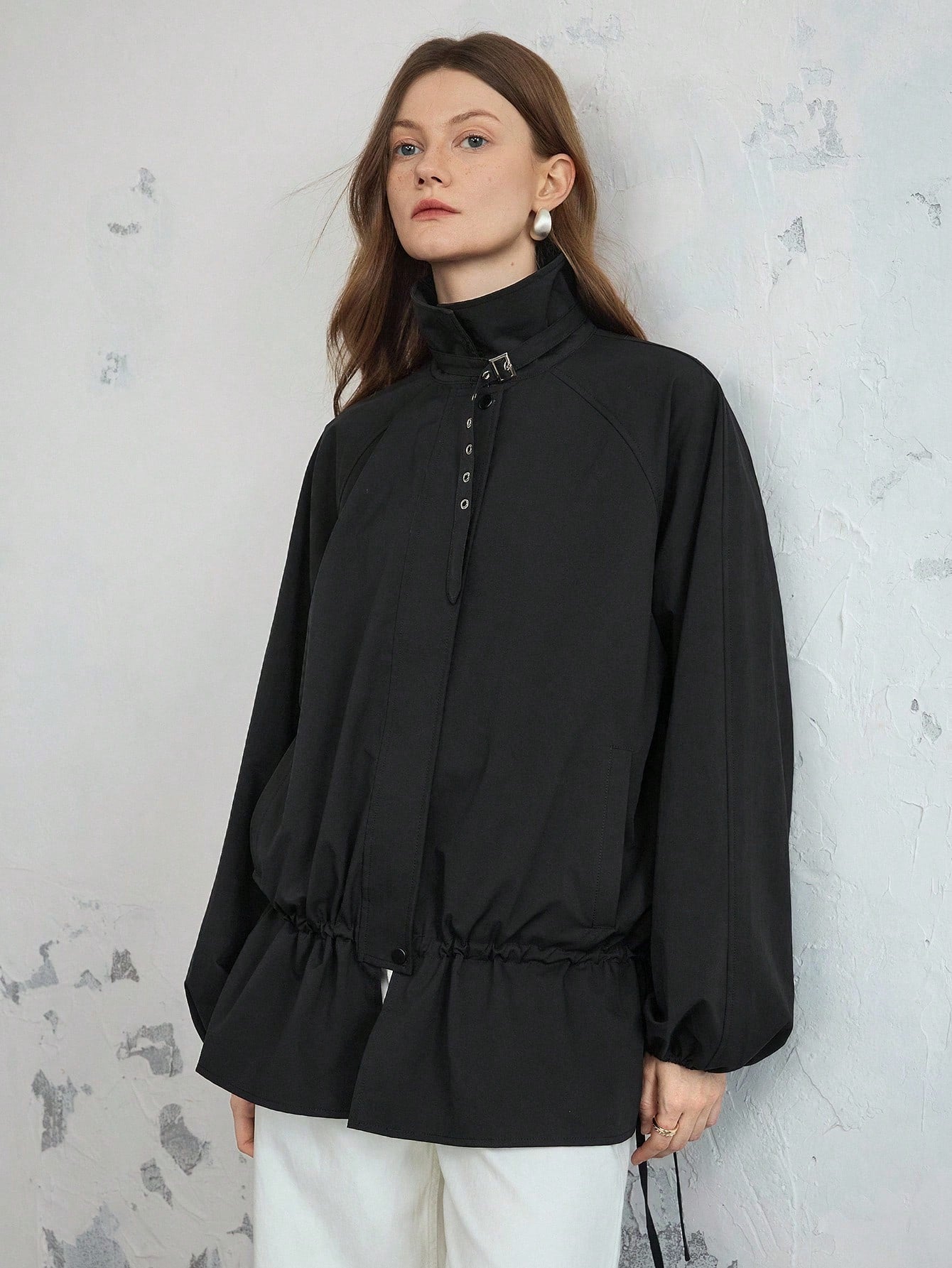 CM-CS774214 Women Casual Seoul Style Mock Neck Tie Fastening Button Decor Loose Fit Drawstring Jacket