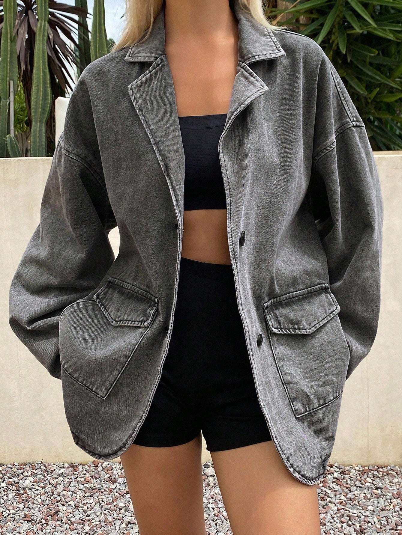 CM-CS691555 Women Casual Seoul Style Turndown Collar Long Sleeve Denim Jacket With Large Pockets - Gray