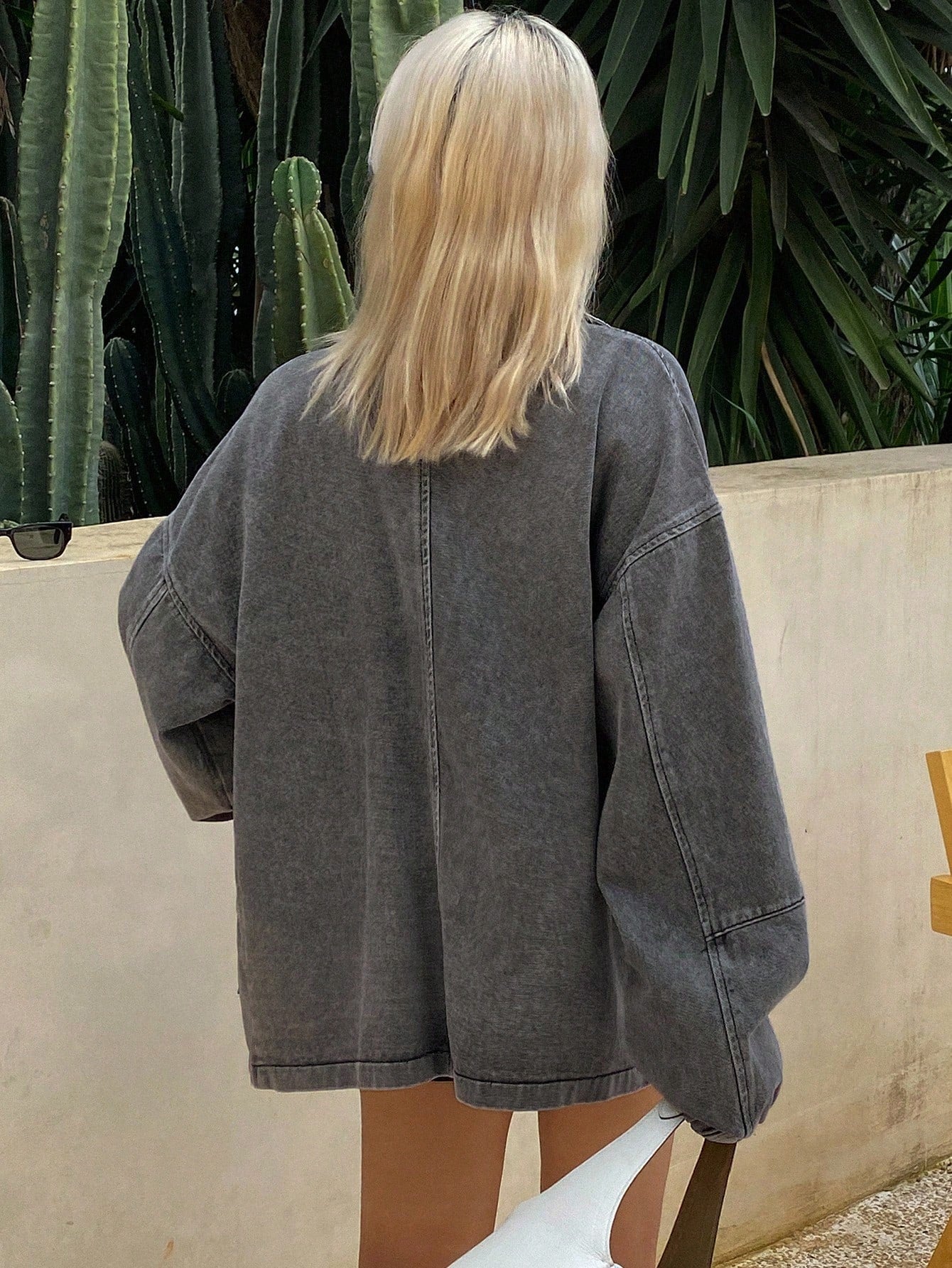 CM-CS691555 Women Casual Seoul Style Turndown Collar Long Sleeve Denim Jacket With Large Pockets - Gray