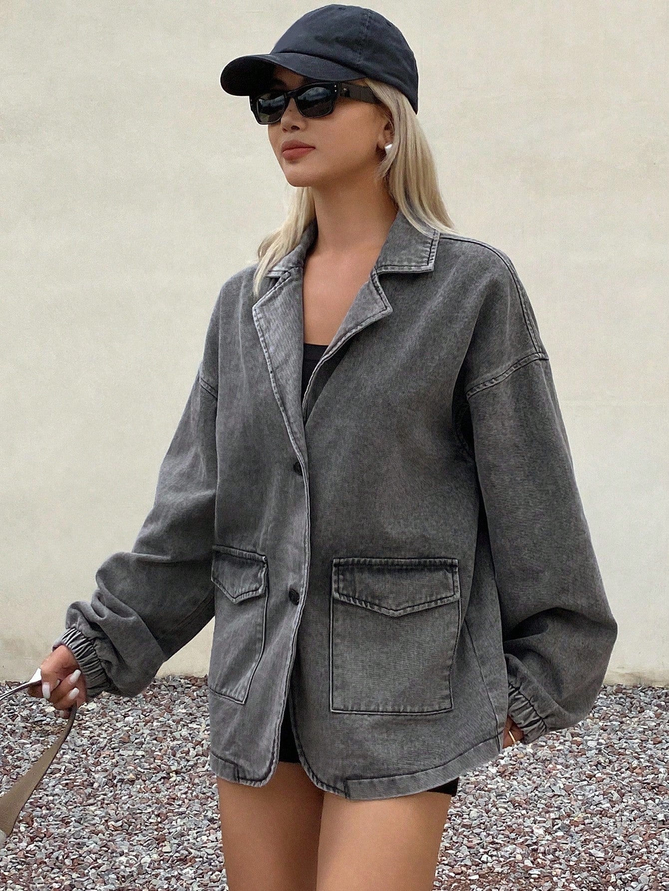 CM-CS691555 Women Casual Seoul Style Turndown Collar Long Sleeve Denim Jacket With Large Pockets - Gray