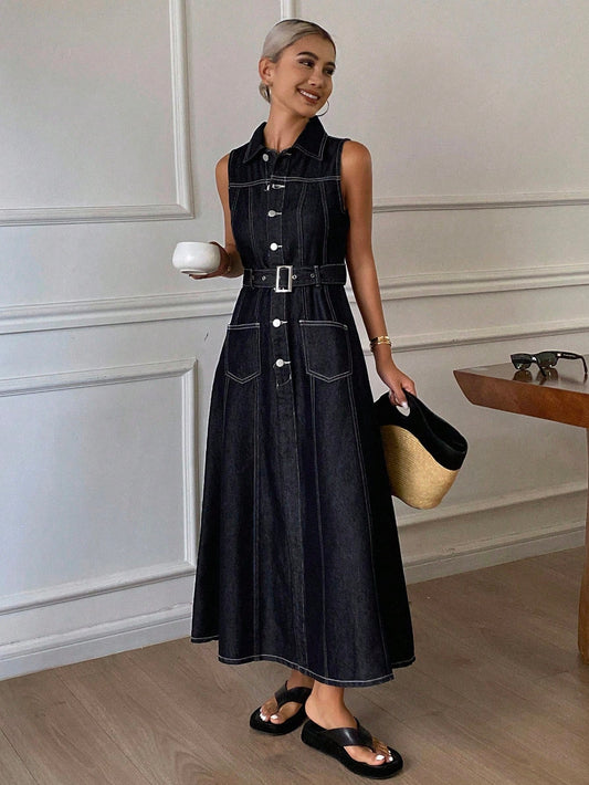 CM-DS564229 Women Casual Seoul Style Collar Neckline Sleeveless Cinched Waist A-Line Denim Dress - Blue