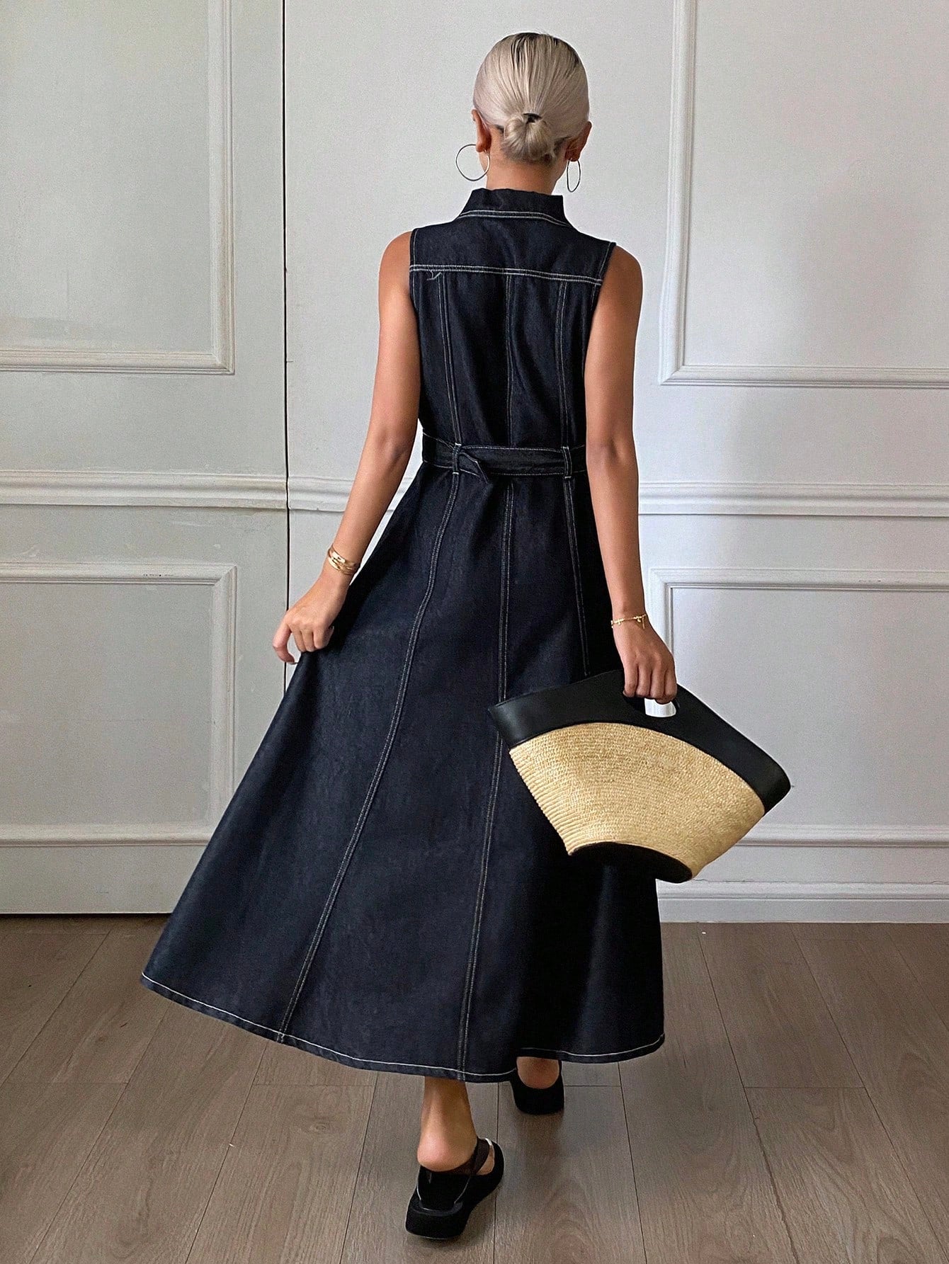 CM-DS564229 Women Casual Seoul Style Collar Neckline Sleeveless Cinched Waist A-Line Denim Dress - Blue