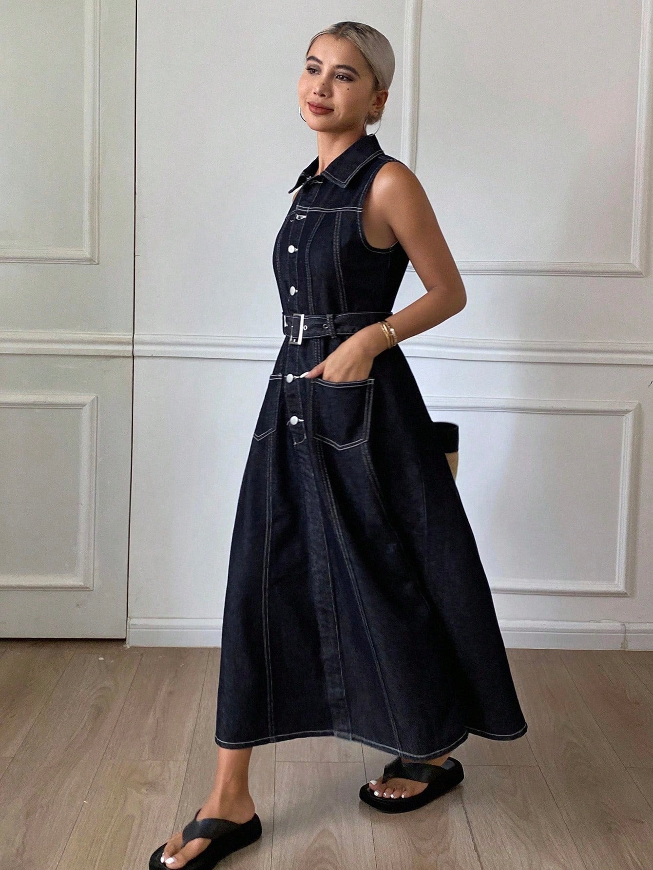 CM-DS564229 Women Casual Seoul Style Collar Neckline Sleeveless Cinched Waist A-Line Denim Dress - Blue