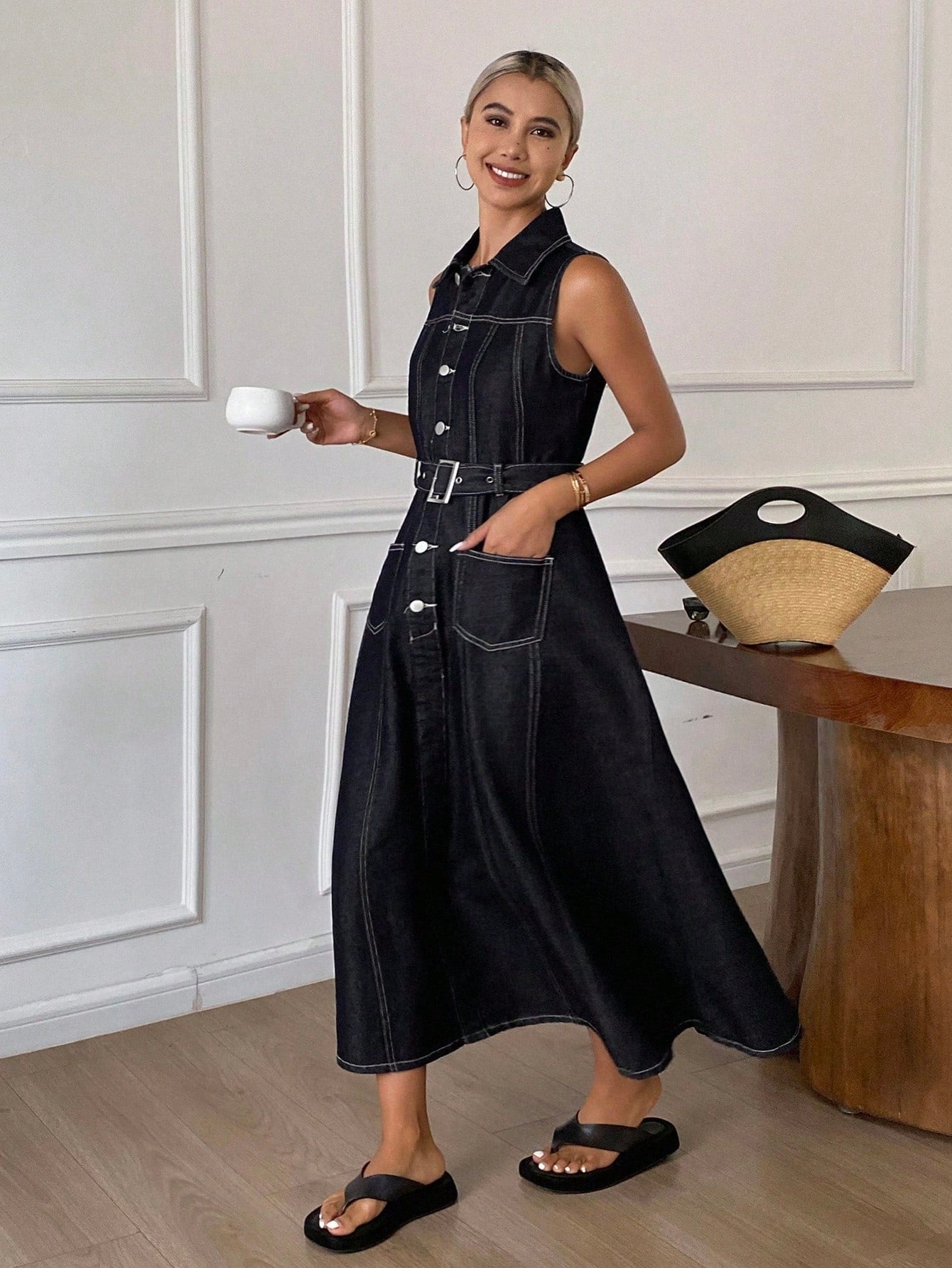 CM-DS564229 Women Casual Seoul Style Collar Neckline Sleeveless Cinched Waist A-Line Denim Dress - Blue