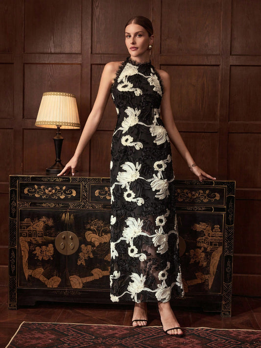 CM-DS181118 Women Elegant Seoul Style Halter Neck Sleeveless Two Tone Floral Lace Trim Split Back Dress - Black