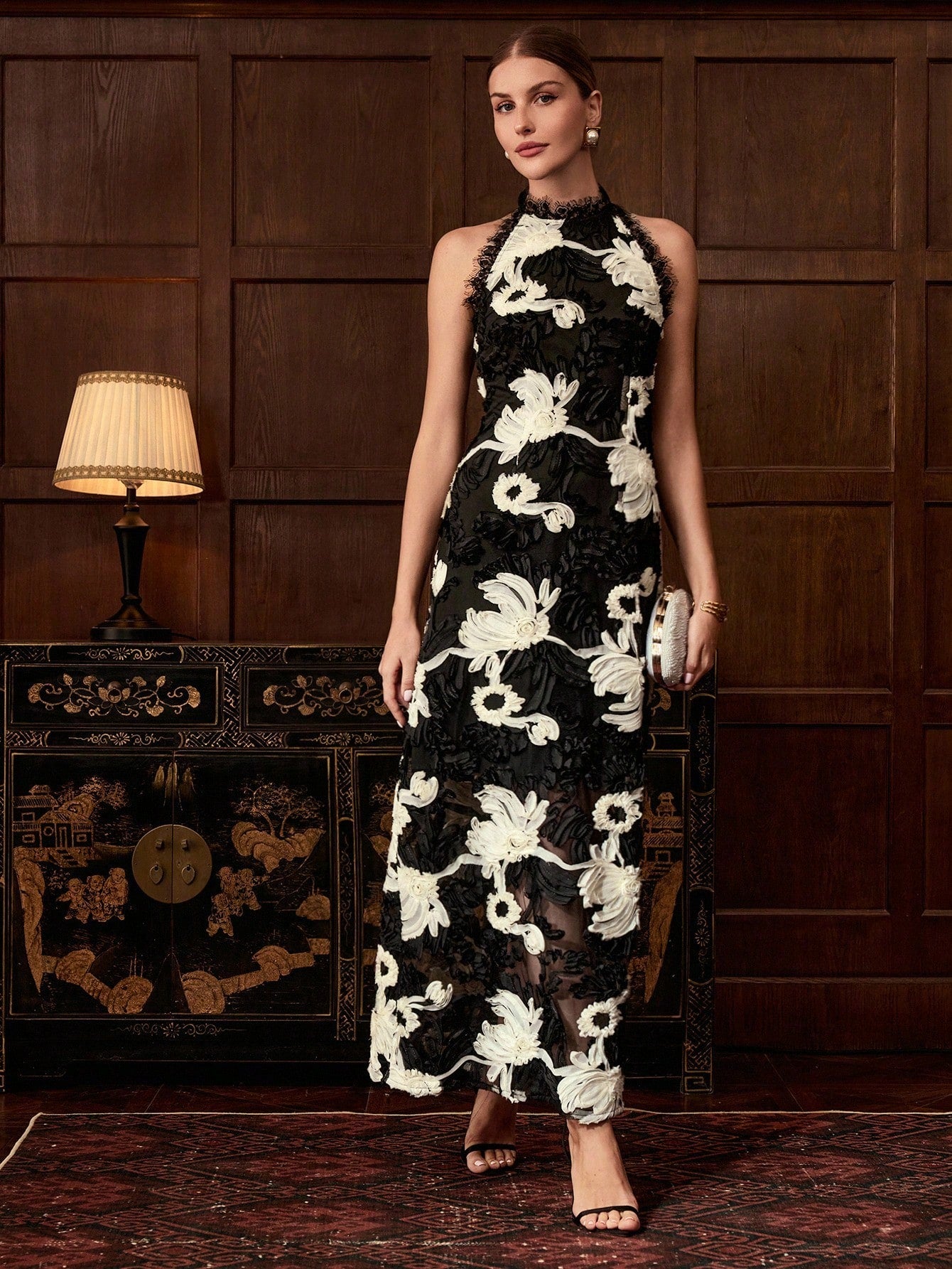 CM-DS181118 Women Elegant Seoul Style Halter Neck Sleeveless Two Tone Floral Lace Trim Split Back Dress - Black