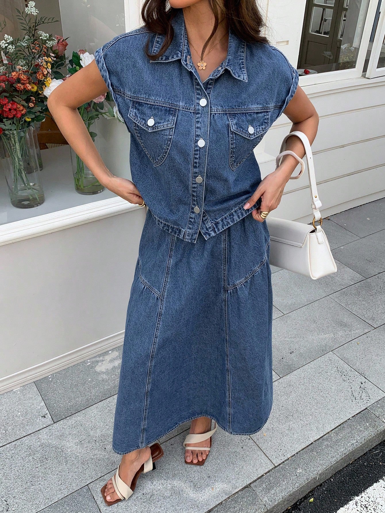 CM-SS203154 Women Casual Seoul Style Collar Neckline Short Sleeve Denim Vest With Midi Skirt - Set