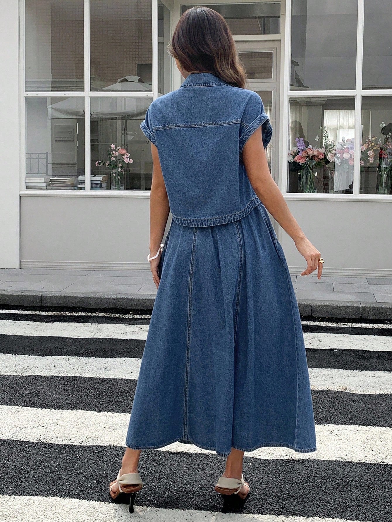 CM-SS203154 Women Casual Seoul Style Collar Neckline Short Sleeve Denim Vest With Midi Skirt - Set