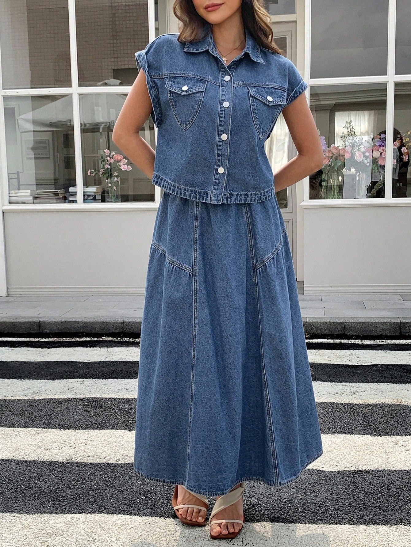 CM-SS203154 Women Casual Seoul Style Collar Neckline Short Sleeve Denim Vest With Midi Skirt - Set