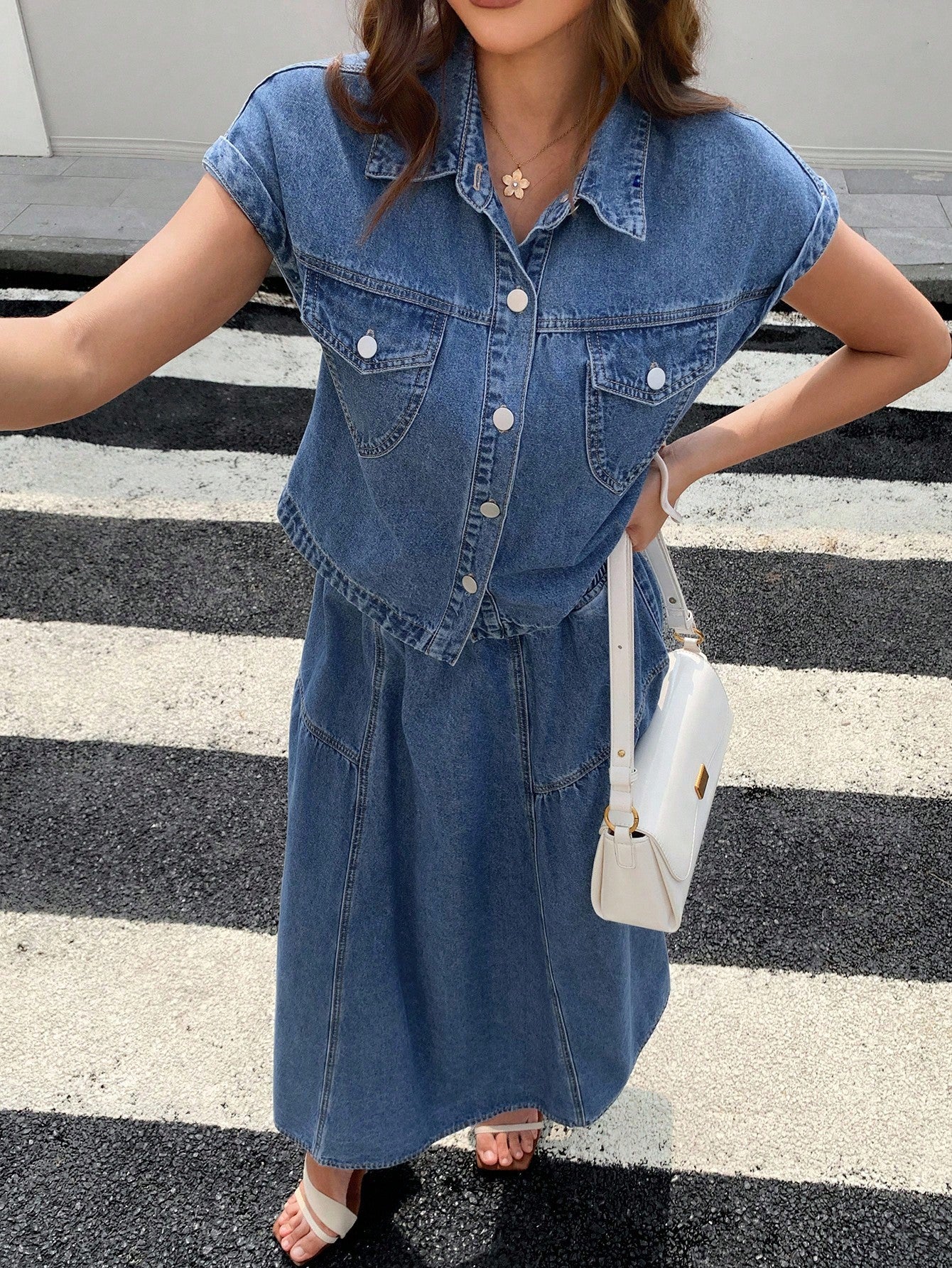 CM-SS203154 Women Casual Seoul Style Collar Neckline Short Sleeve Denim Vest With Midi Skirt - Set