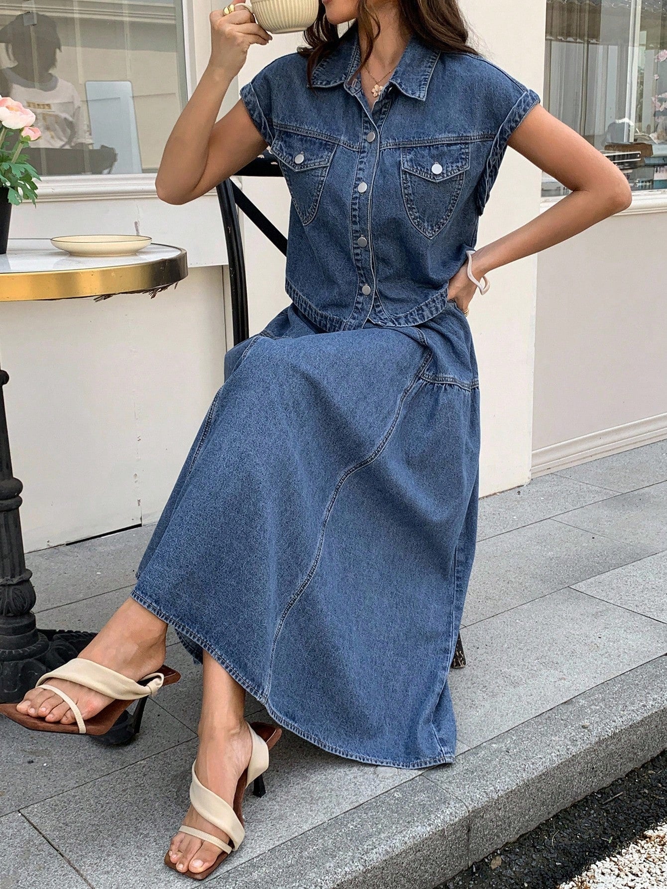 CM-SS203154 Women Casual Seoul Style Collar Neckline Short Sleeve Denim Vest With Midi Skirt - Set