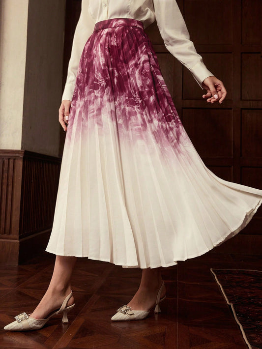 CM-BS964761 Women Elegant Seoul Style High Waist Ombre Print Pleated Maxi Skirt