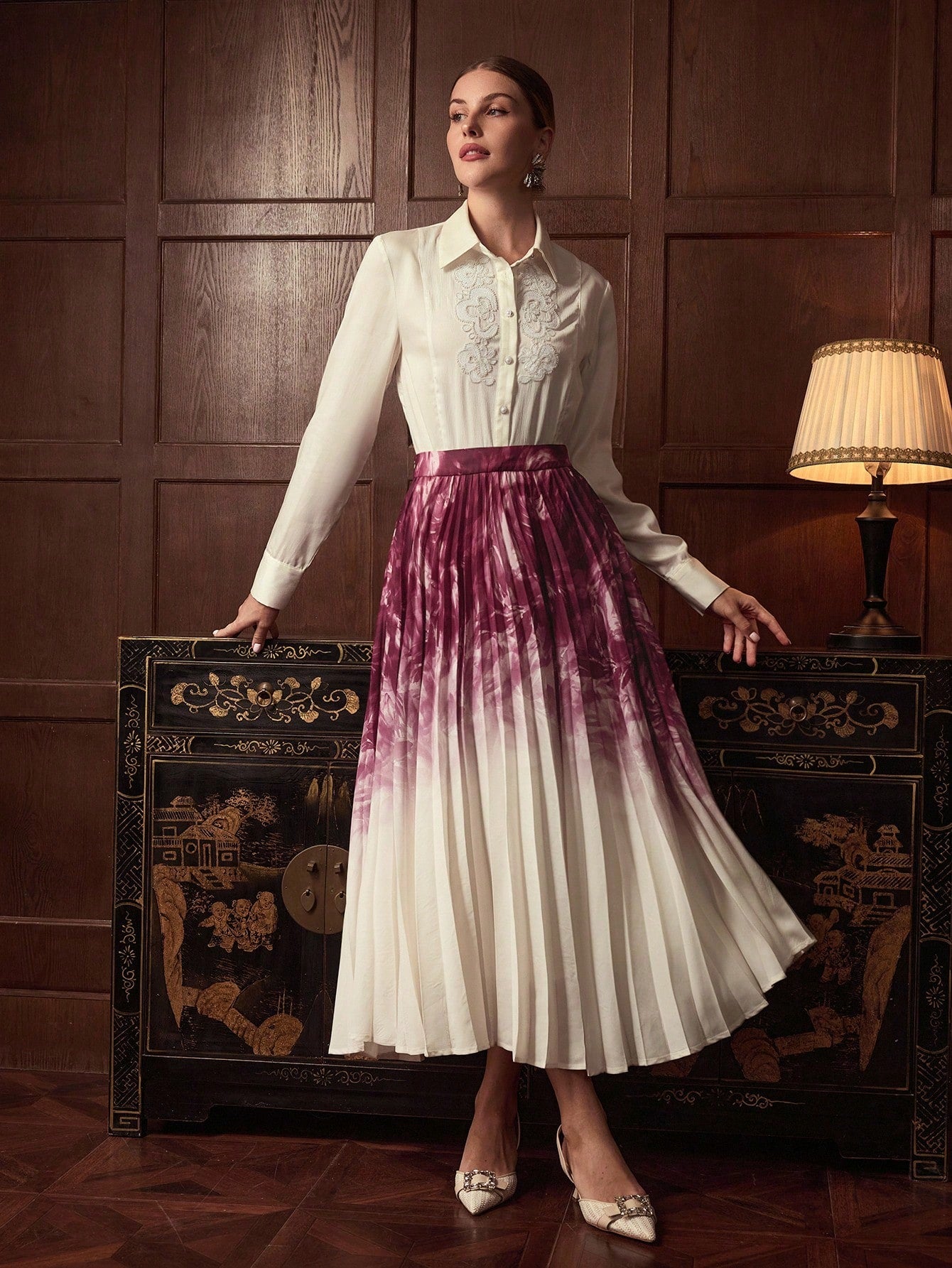 CM-BS964761 Women Elegant Seoul Style High Waist Ombre Print Pleated Maxi Skirt