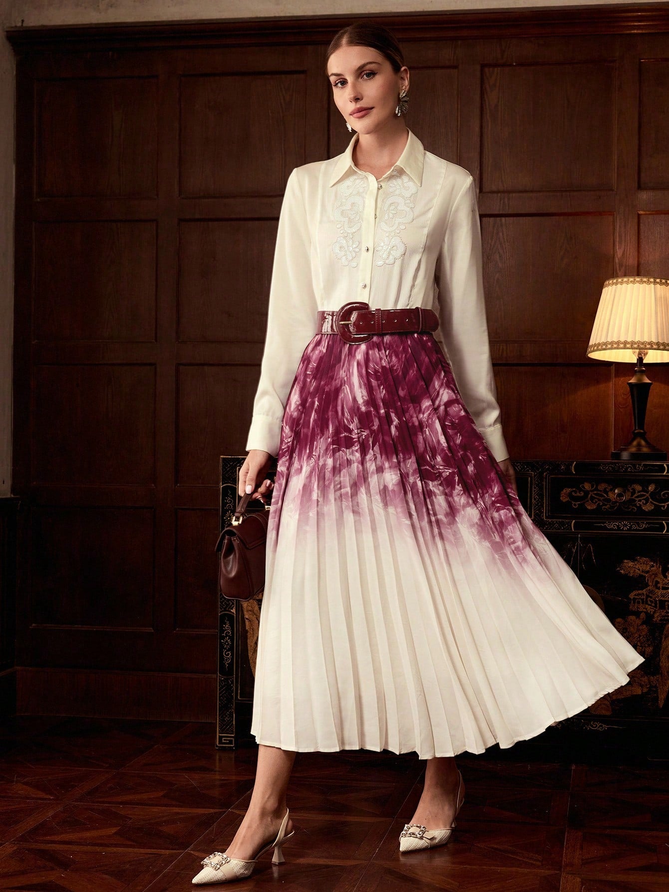 CM-BS964761 Women Elegant Seoul Style High Waist Ombre Print Pleated Maxi Skirt