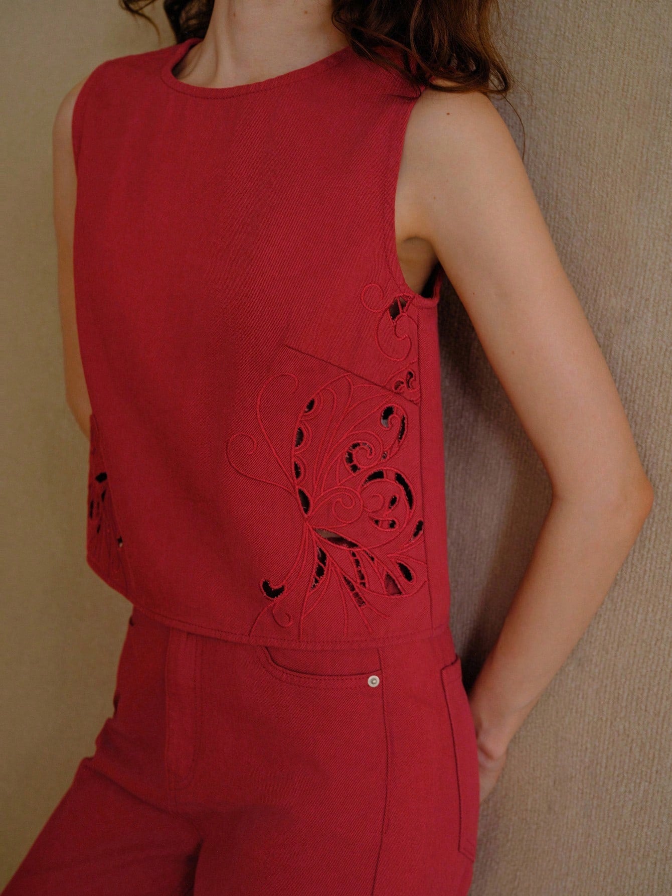 CM-TS449295 Women Elegant Seoul Style Embroidered Round Neck Sleeveless Denim Top - Red