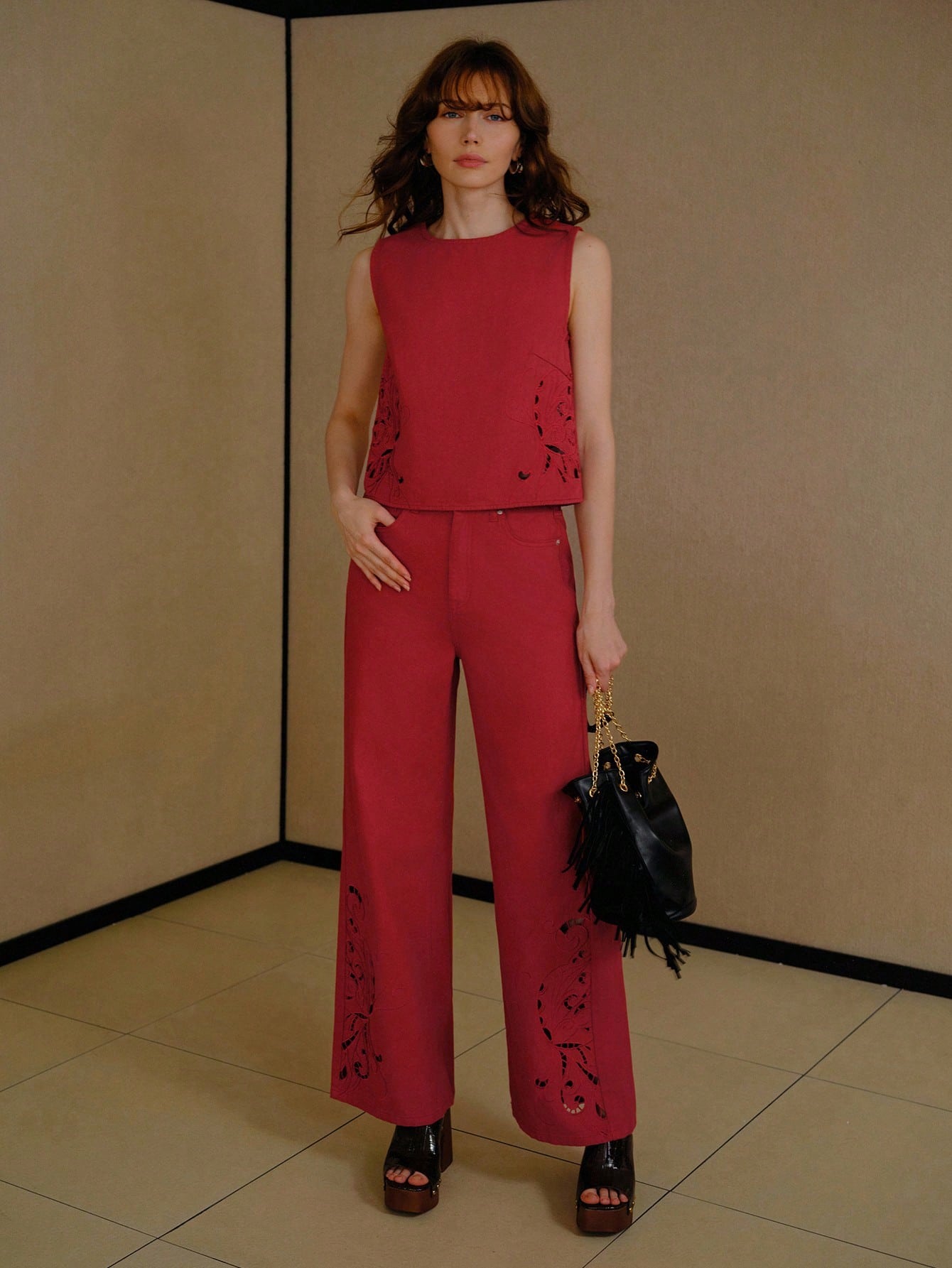 CM-TS449295 Women Elegant Seoul Style Embroidered Round Neck Sleeveless Denim Top - Red
