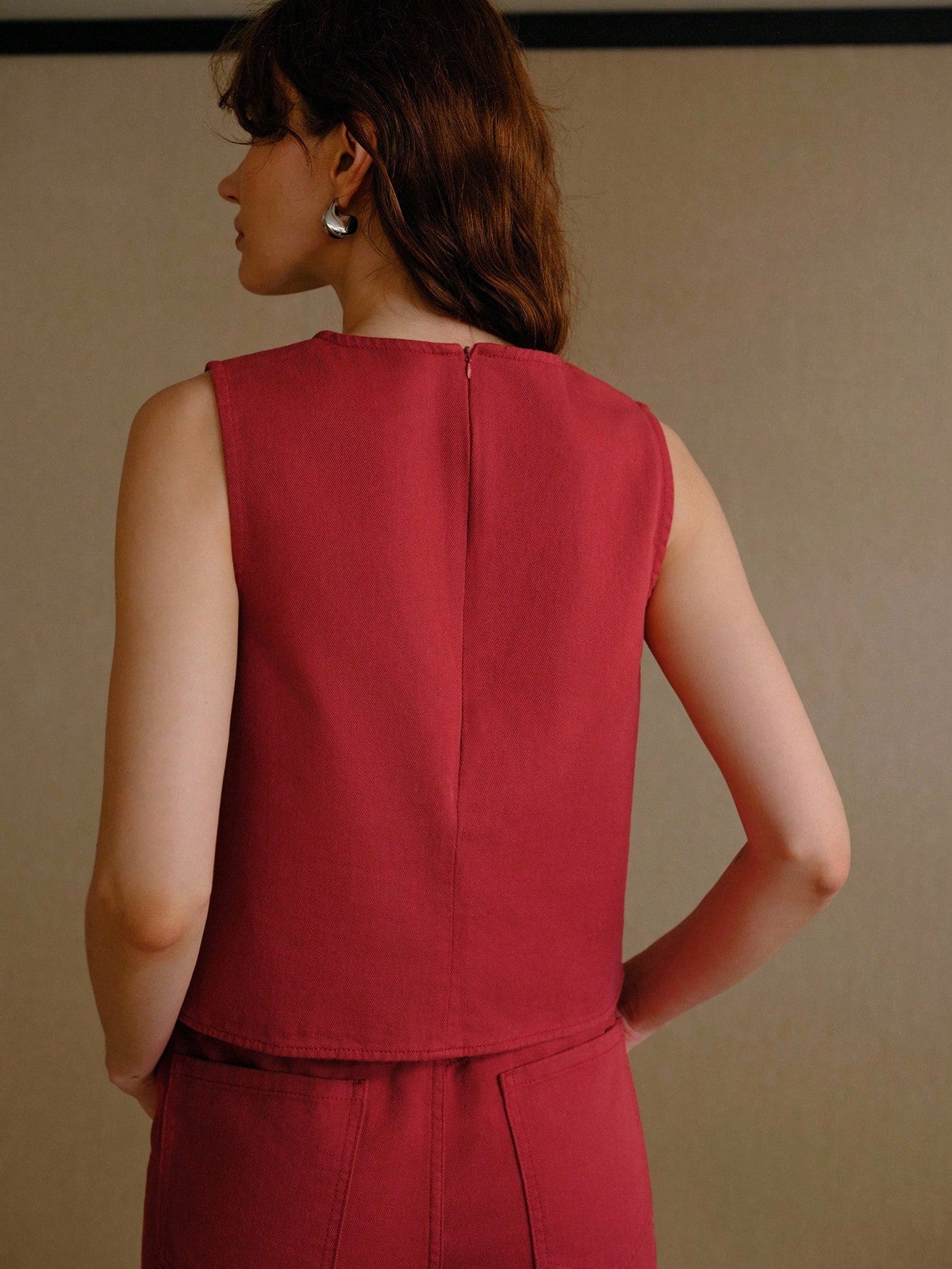 CM-TS449295 Women Elegant Seoul Style Embroidered Round Neck Sleeveless Denim Top - Red