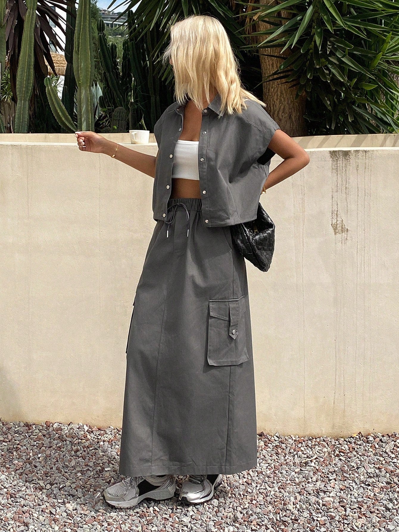 CM-SS223307 Women Casual Seoul Style Solid Color Collared Sleeveless Shirt With Pocket Elastic Waist Skirt - Set