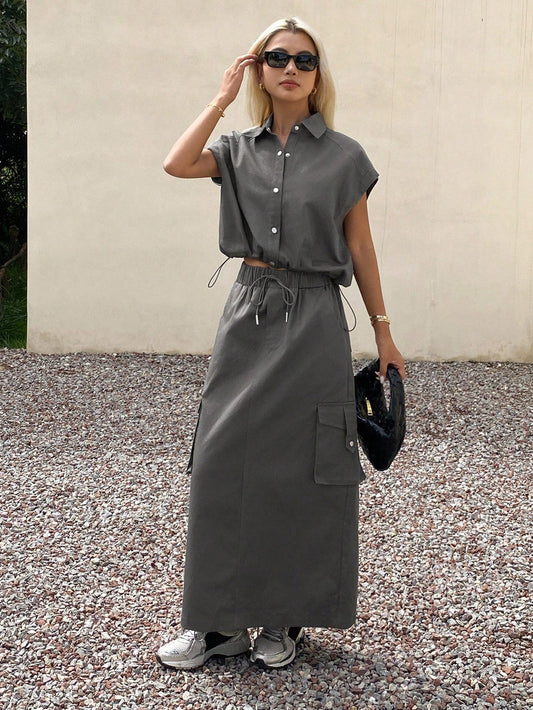 CM-SS223307 Women Casual Seoul Style Solid Color Collared Sleeveless Shirt With Pocket Elastic Waist Skirt - Set