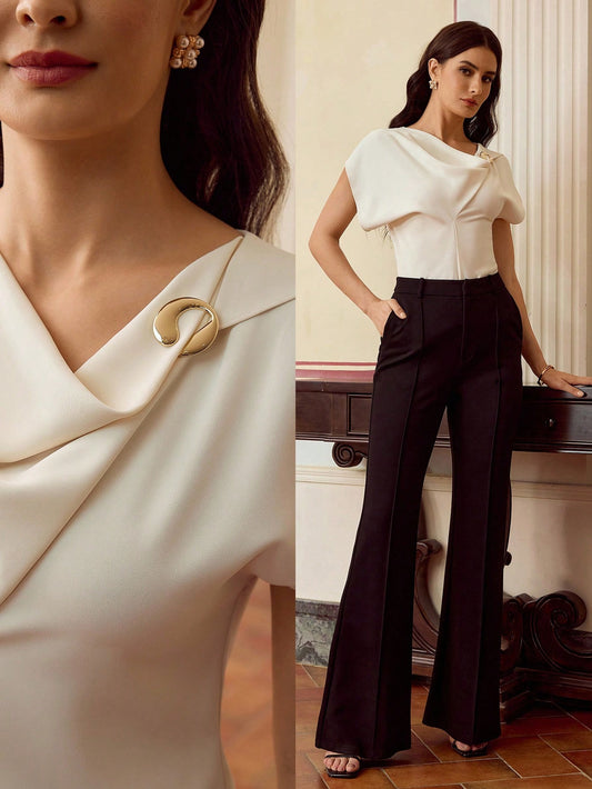 CM-TS182882 Women Elegant Seoul Style Solid Color Cowl Neck Asymmetric Short Sleeve Blouse